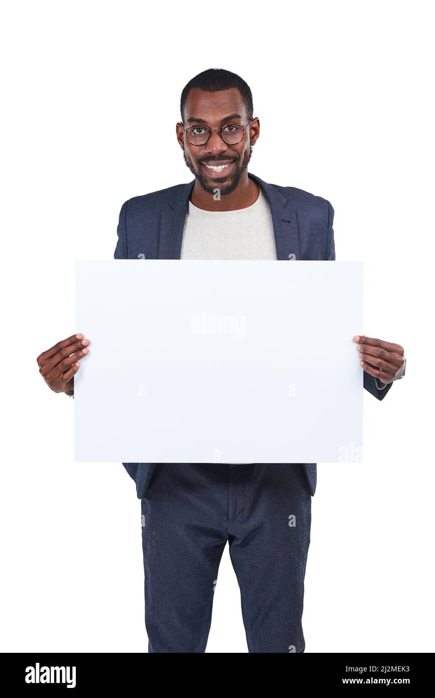Marcare a caldo professionale per il commercio. Studio girato di un giovane uomo d'affari che tiene su un cartello bianco su sfondo bianco. Foto Stock