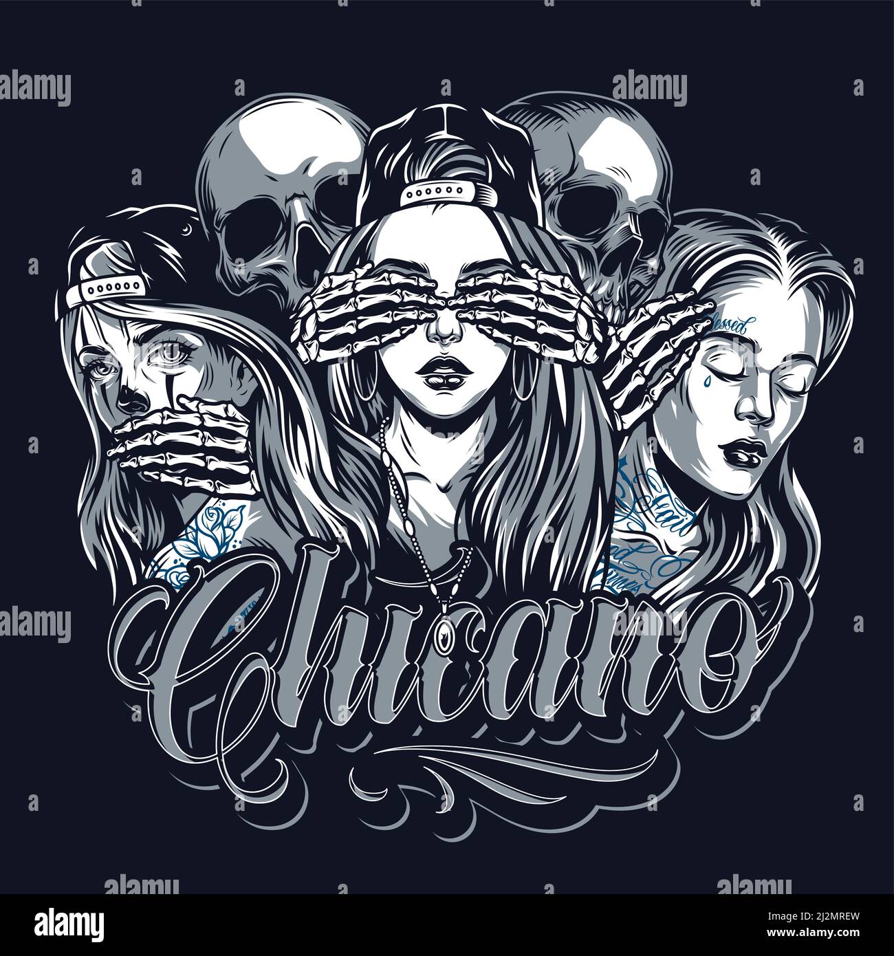No Evil scimmie chicano tatuaggio modello con scheletri che coprono gli occhi orecchie bocca di tre belle ragazze in stile vintage isolato illustrazione vettoriale Illustrazione Vettoriale