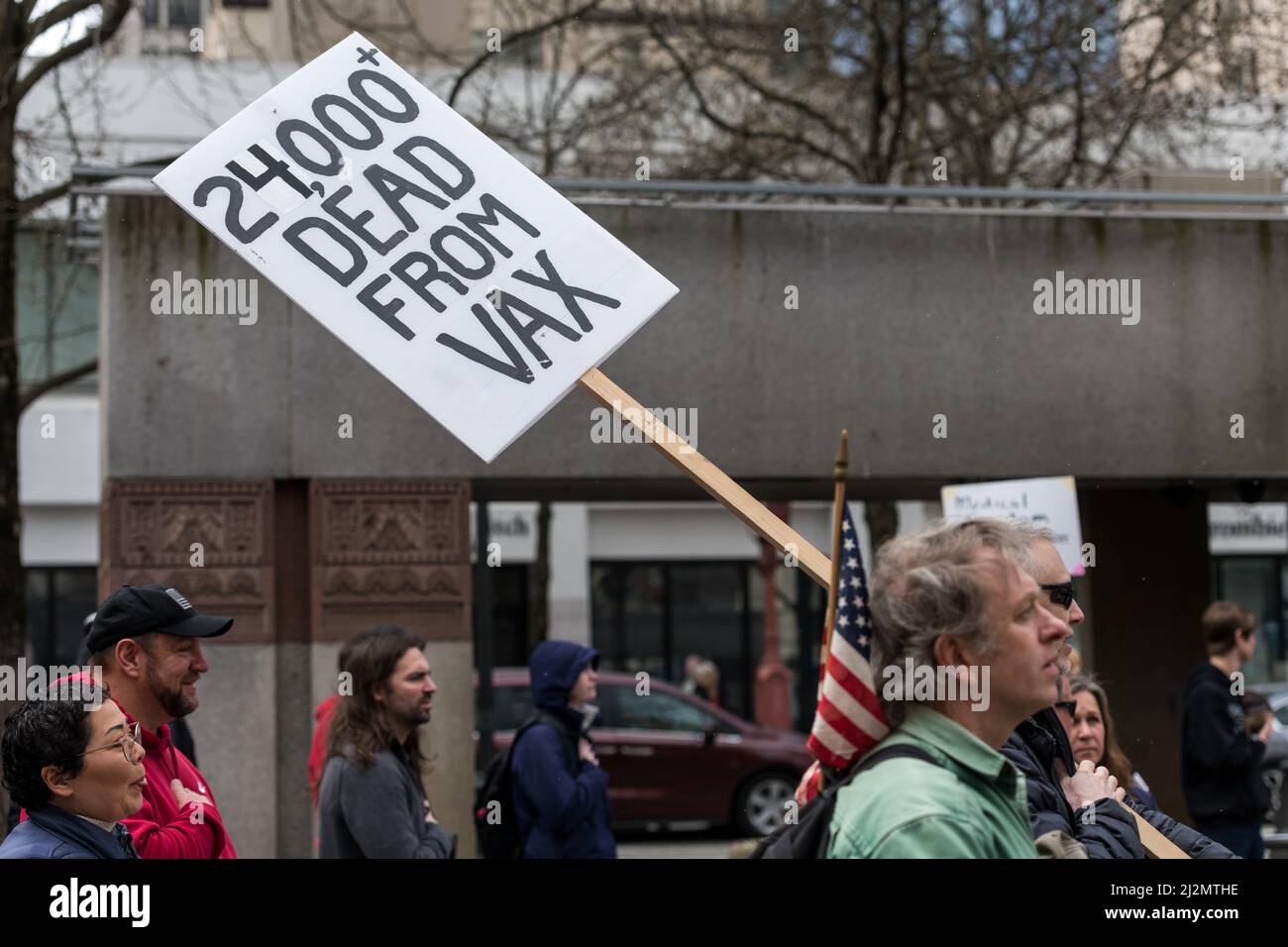 Seattle, Stati Uniti. 26 Mar 2022. La marcia per la libertà Rally rifiuto Covid Mandati protesta centro. Foto Stock