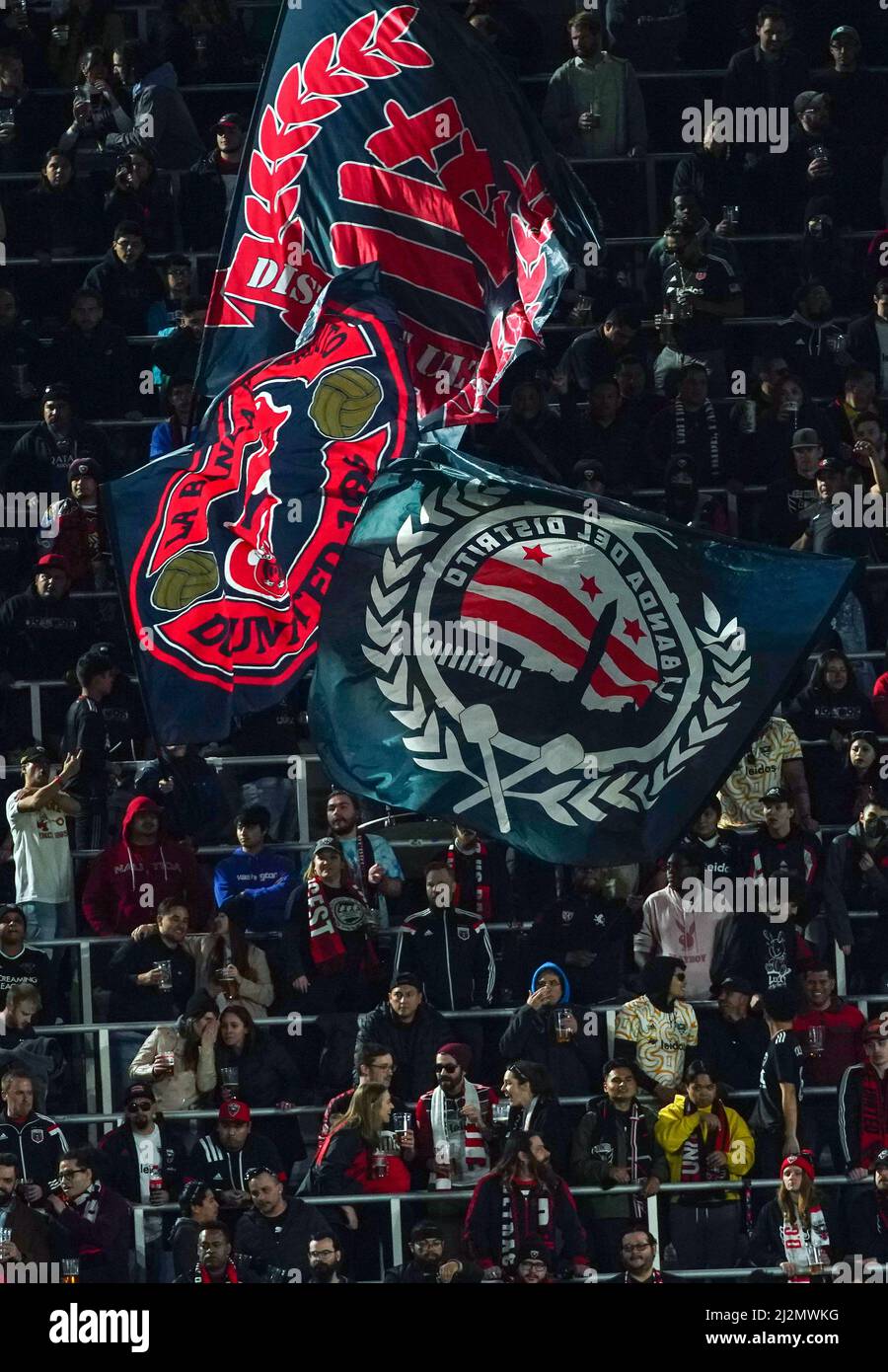 WASHINGTON, DC, USA - 02 APRILE 2022: Striscioni nella sezione fan del DC United durante una partita MLS tra D.C United e Atlanta United FC, IL 02 aprile 2022, presso Audi Field, a Washington, CC. (Foto di Tony Quinn-Alamy Live News) Foto Stock