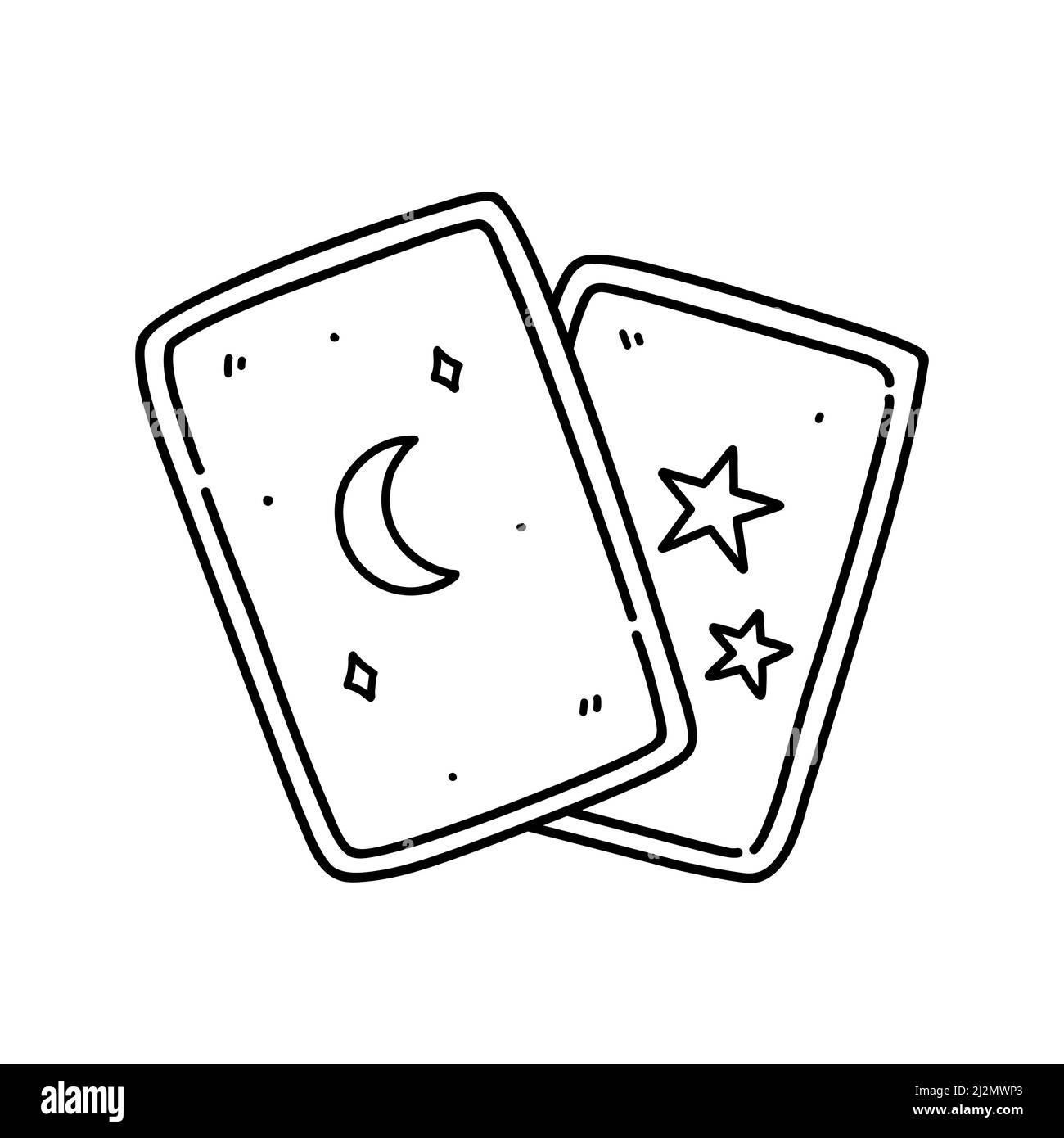 Carte tarocchi magiche isolate su sfondo bianco. Elementi esoterici e occulti per la predizione. Illustrazione vettoriale disegnata a mano in stile doodle. Illustrazione Vettoriale