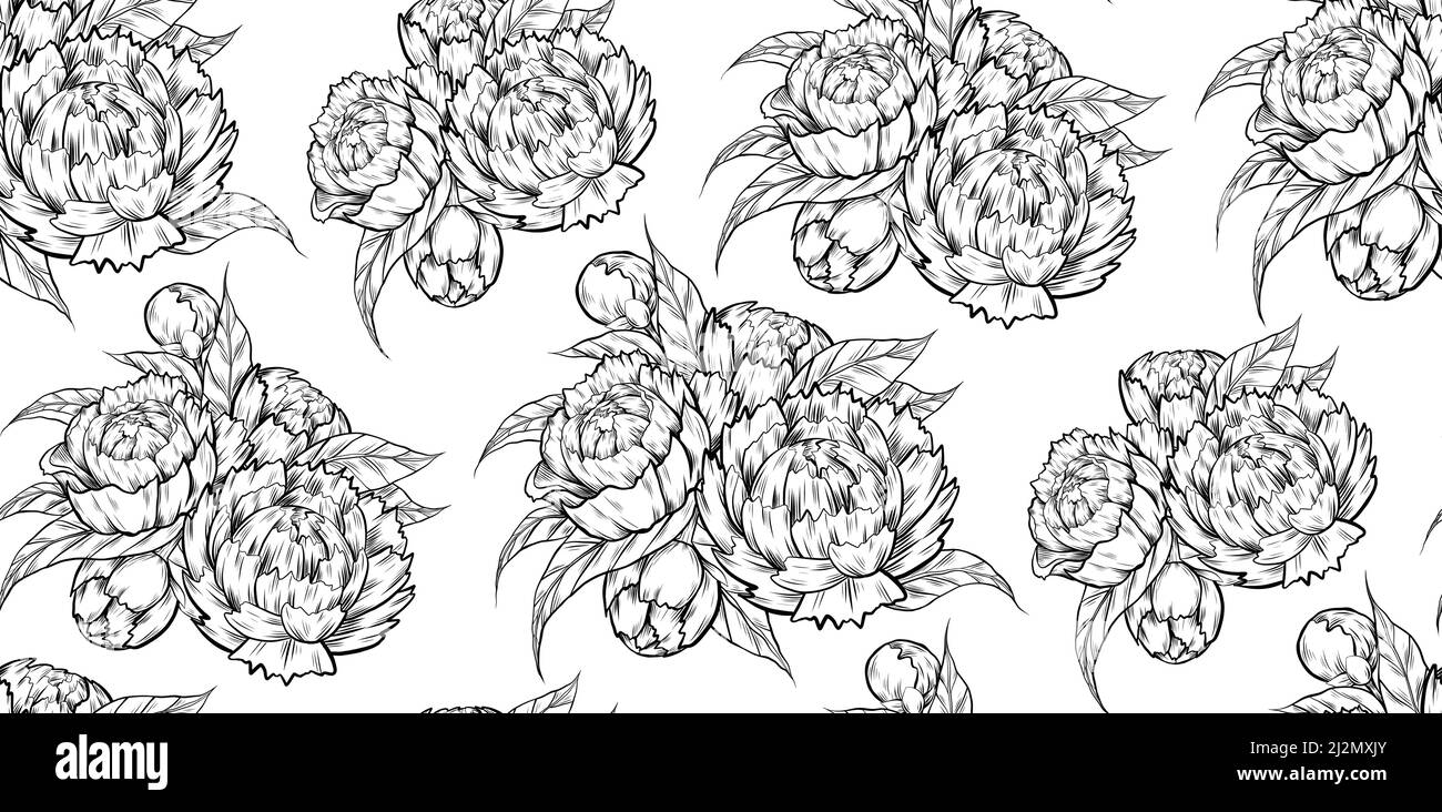 Pattern vettoriale senza giunture con uno schizzo di peonie su sfondo bianco. Texture botanica con disegno di un bouquet di fiori e fogliame per carta da parati Illustrazione Vettoriale