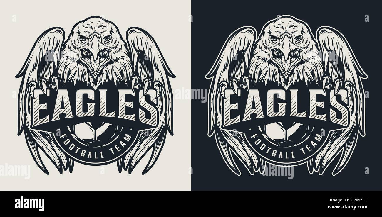 Logo vintage della squadra di calcio con mascotte aggressive e calcio sfera in un'illustrazione vettoriale isolata in stile monocromatico Illustrazione Vettoriale