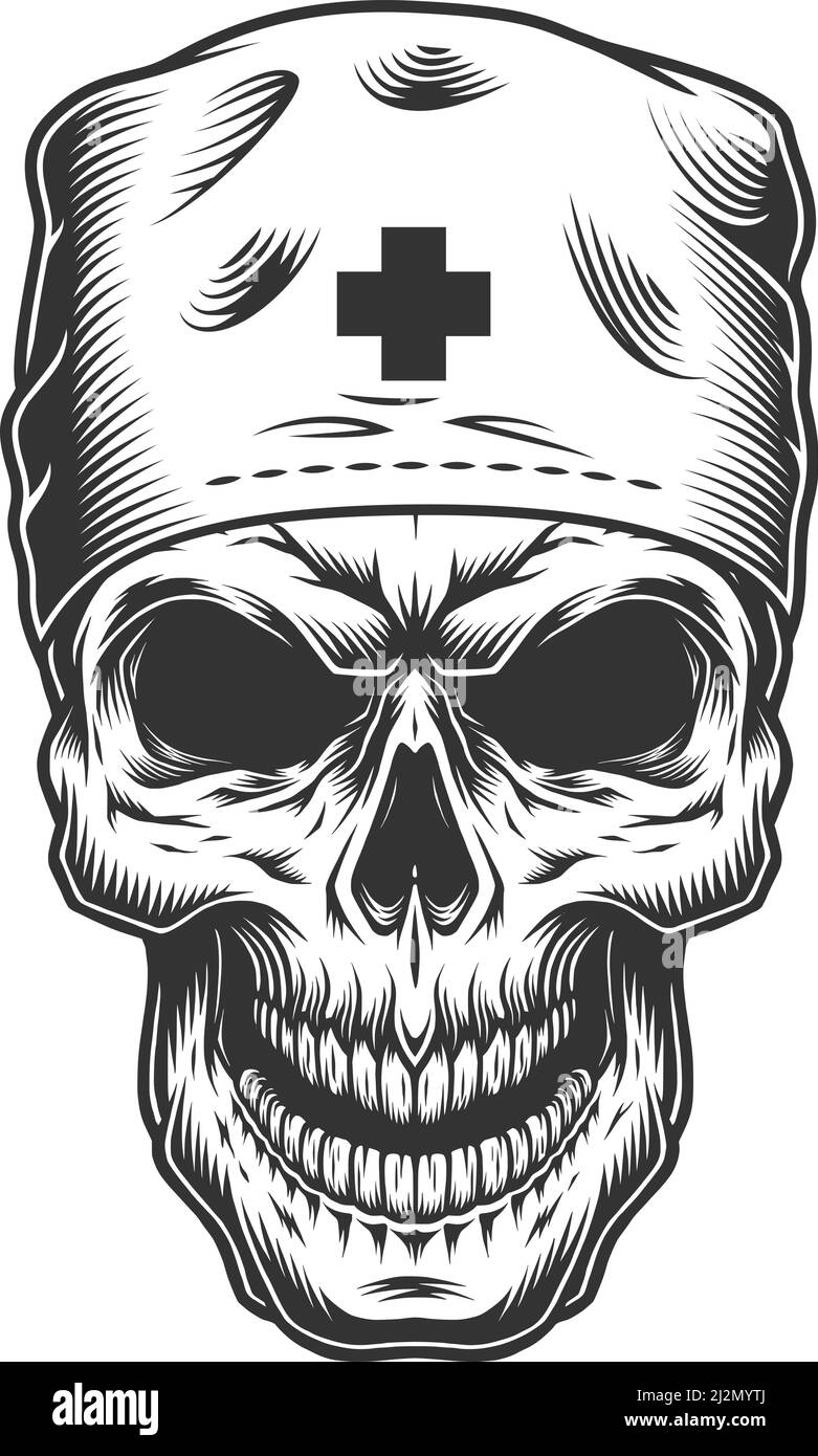 Cranio nel cappello dell'infermiera. Illustrazione vettoriale vintage Illustrazione Vettoriale