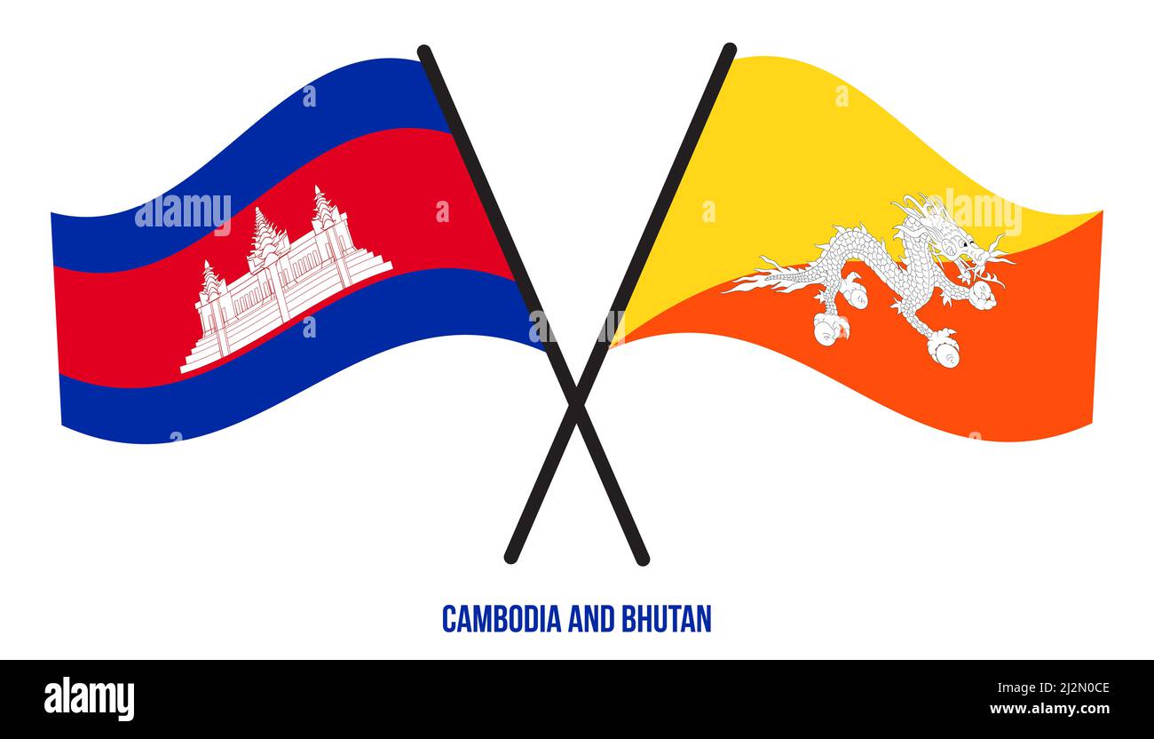 Cambogia e Bandiere Bhutan attraversata e ondeggiante stile piatto. Proporzione ufficiale. Colori corretti. Foto Stock