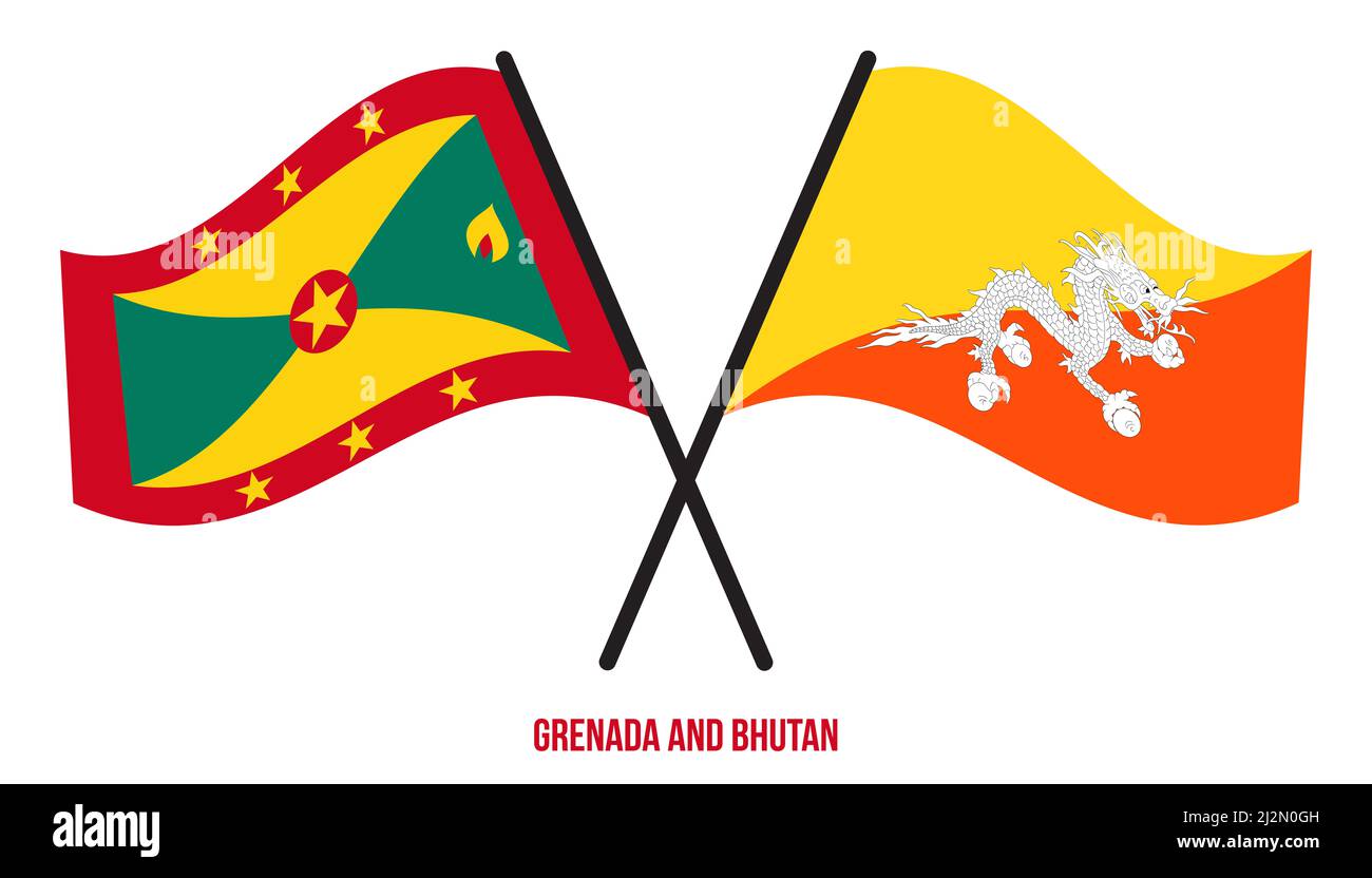 Grenada e Bandiere Bhutan attraversate e ondeggianti in stile piatto. Proporzione ufficiale. Colori corretti. Foto Stock