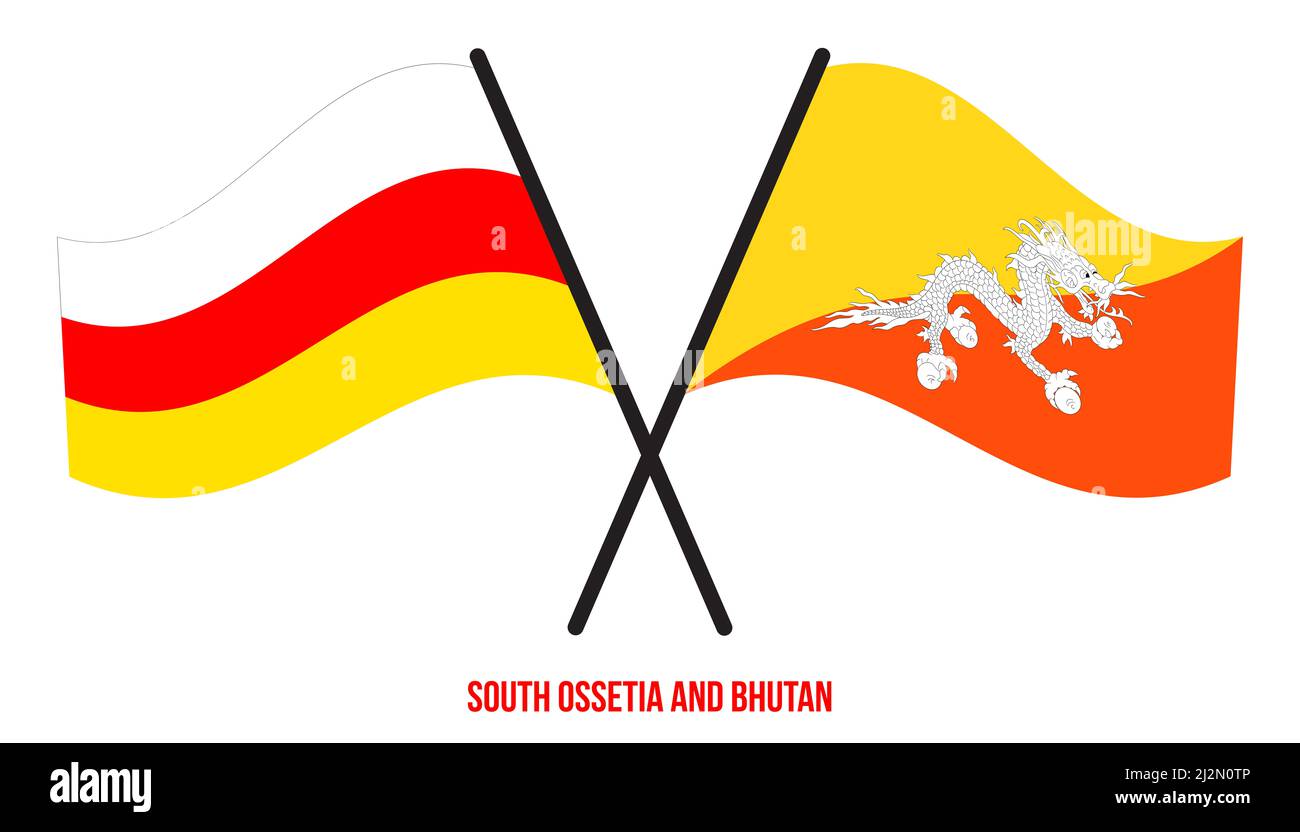 South Ossezia e Bhutan Bandiere attraversate e ondeggianti stile piatto. Proporzione ufficiale. Colori corretti. Foto Stock