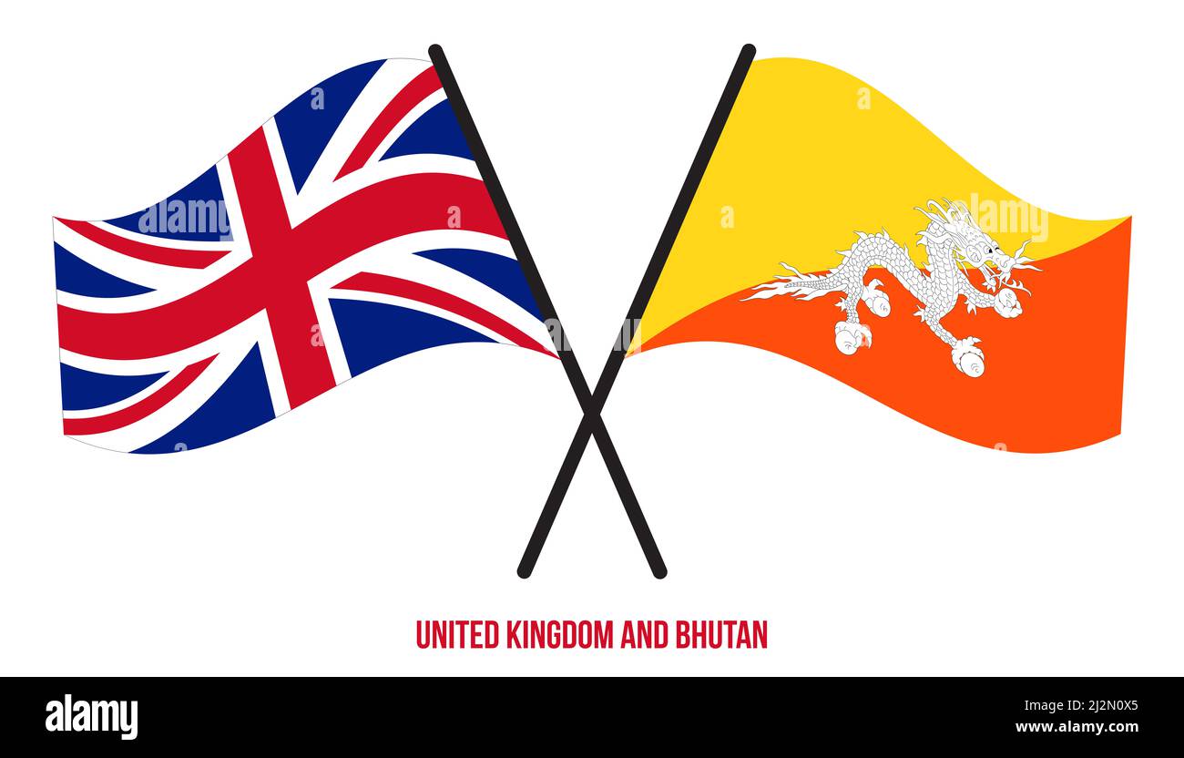 Bandiere del Regno Unito e del Bhutan attraversate e ondeggianti stile piatto. Proporzione ufficiale. Colori corretti. Foto Stock