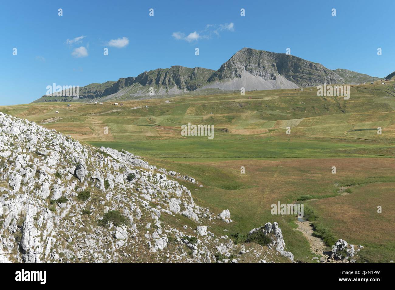 Campo coltivato sotto il Monte Moraca in Montenegro Foto Stock