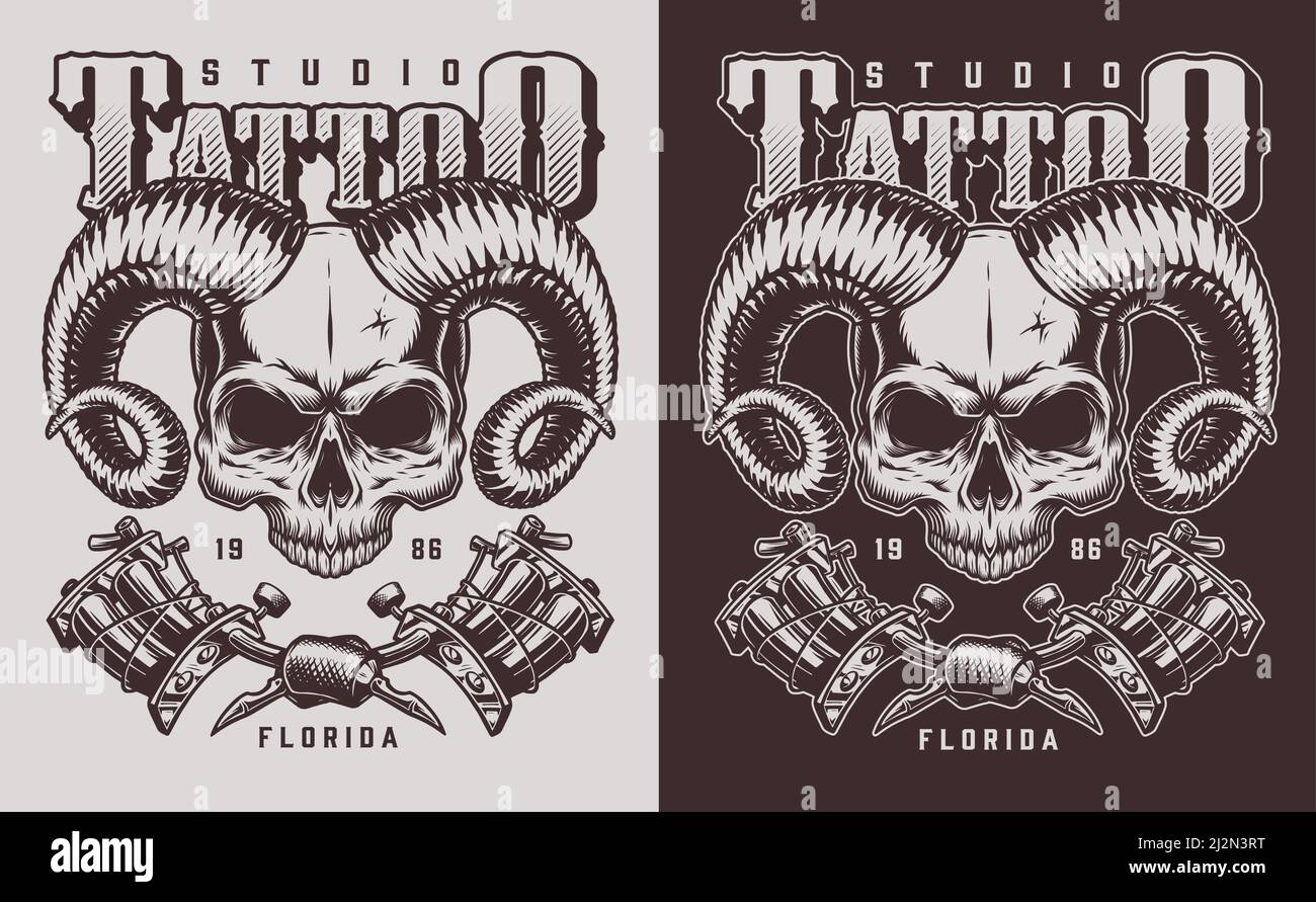 cranio con corna e tatuatori. Illustrazione vintage vettoriale Illustrazione Vettoriale