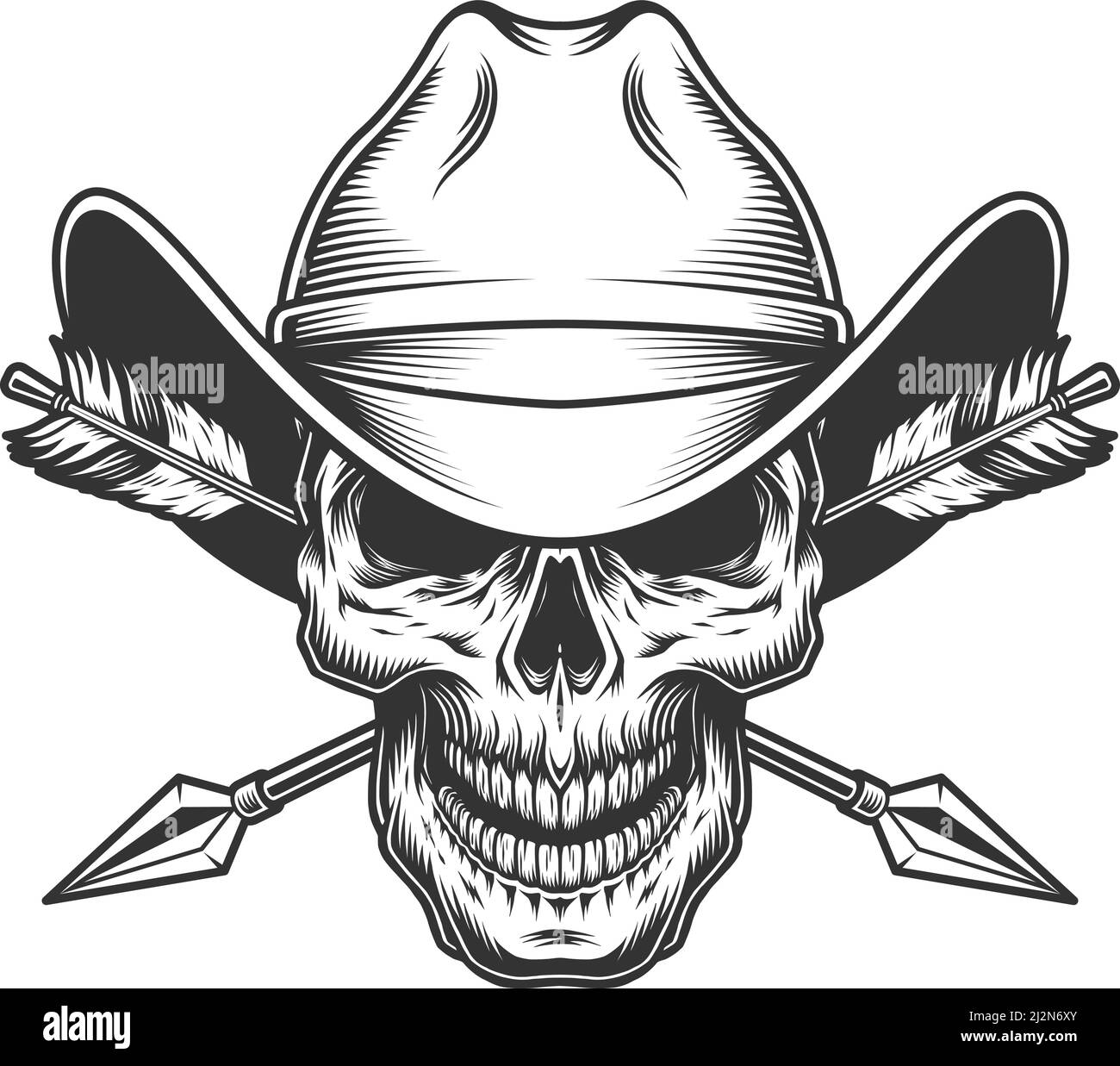 Cranio vintage in cappello da cowboy con frecce incrociate in bianco e nero illustrazione vettoriale con stile isolato Illustrazione Vettoriale