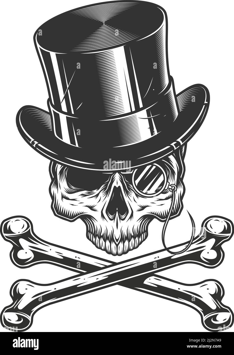 Cranio da uomo d'epoca senza mascella in cappello a cilindro con senza bordo occhiali e crossboni isolati illustrazione vettoriale Illustrazione Vettoriale