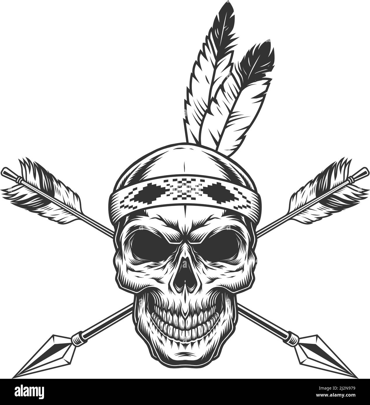 Cranio guerriero indiano nativo americano con piume e frecce incrociate in un'illustrazione vettoriale isolata in stile vintage monocromatico Illustrazione Vettoriale
