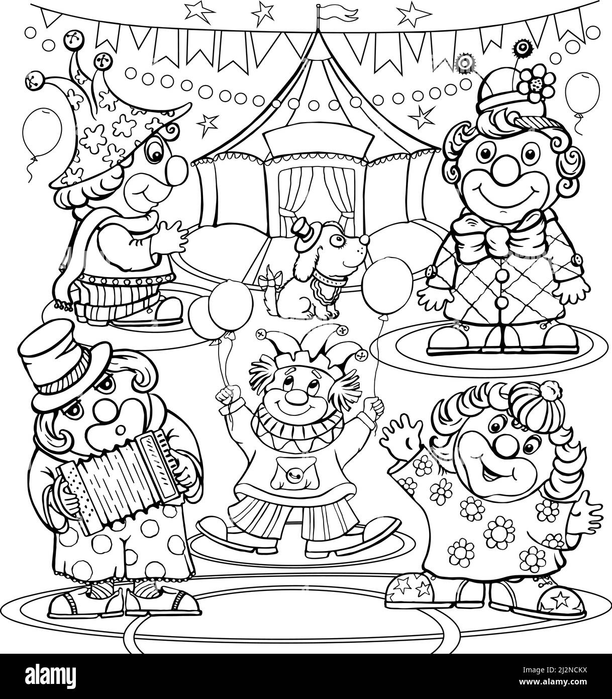 Clown nero pattern, circo, contorno noodle anti-stress, varie pose e situazioni, disegno, vettore, immagini, cartoon Illustrazione Vettoriale