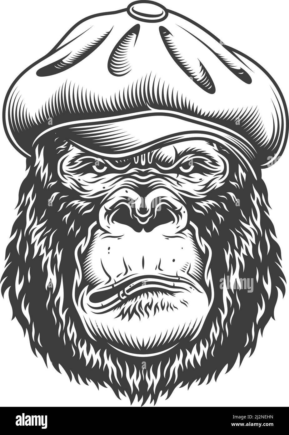 Gorilla serissima in stile monocromatico con cappello in tweed. Illustrazione vettoriale Illustrazione Vettoriale