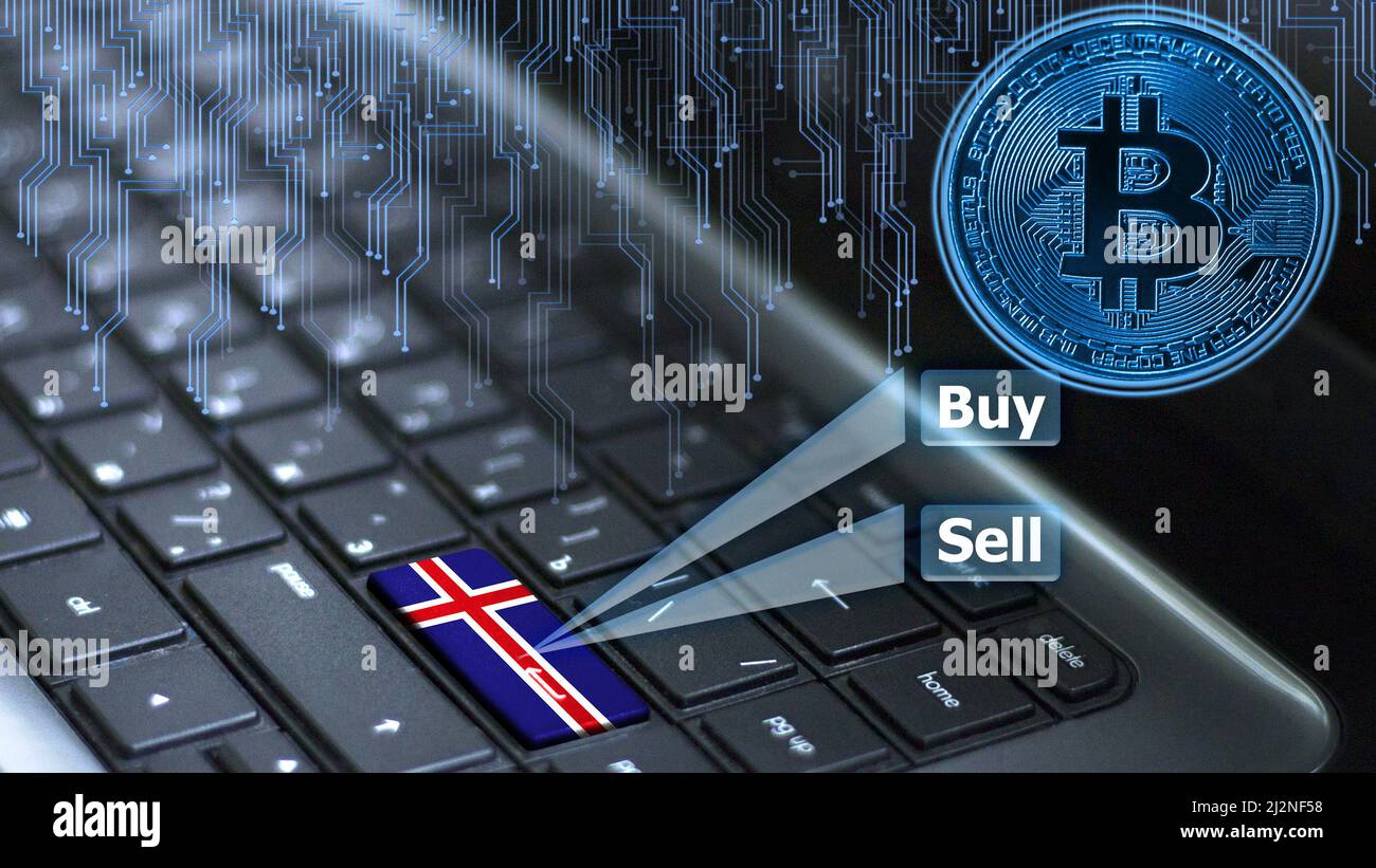 Tastiera con bandiera islandese sul tasto invio con ologramma a moneta bitcoin e concetto di acquisto e vendita online. Foto Stock