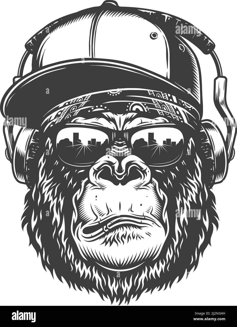 Testa Gorilla in stile monocromatico con cappuccio e cuffie. Illustrazione vettoriale Hipster Illustrazione Vettoriale