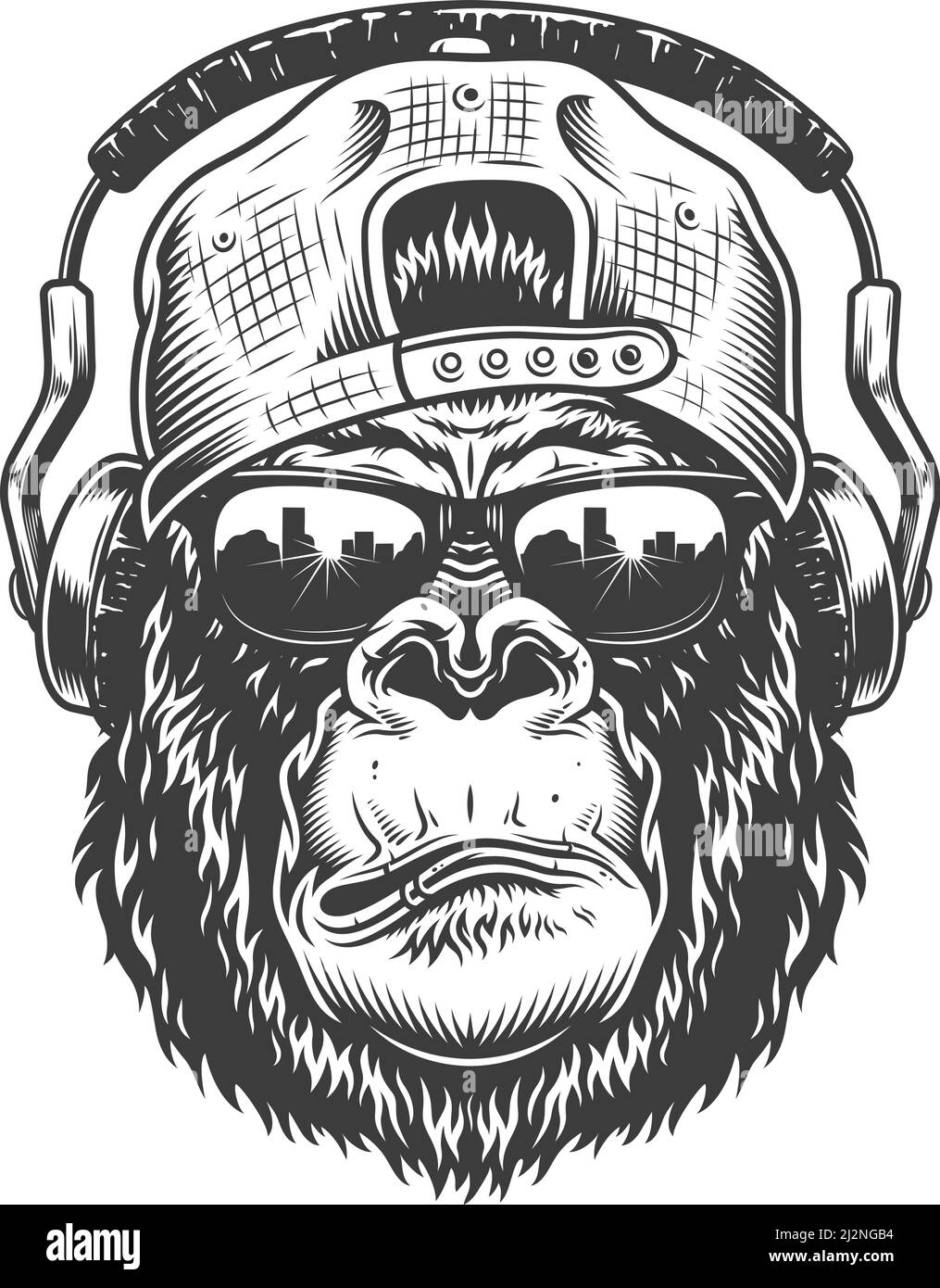 Testa Gorilla in stile monocromatico con cappuccio e cuffie. Illustrazione vettoriale Hipster Illustrazione Vettoriale