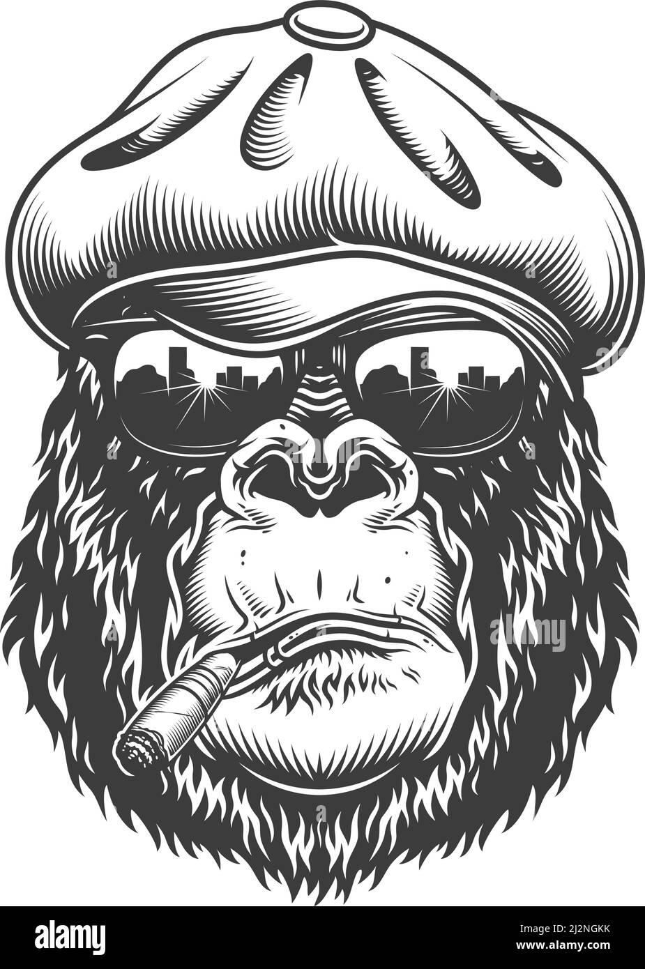 Testa Gorilla in stile monocromatico nel cappello in tweed. Illustrazione vettoriale Illustrazione Vettoriale
