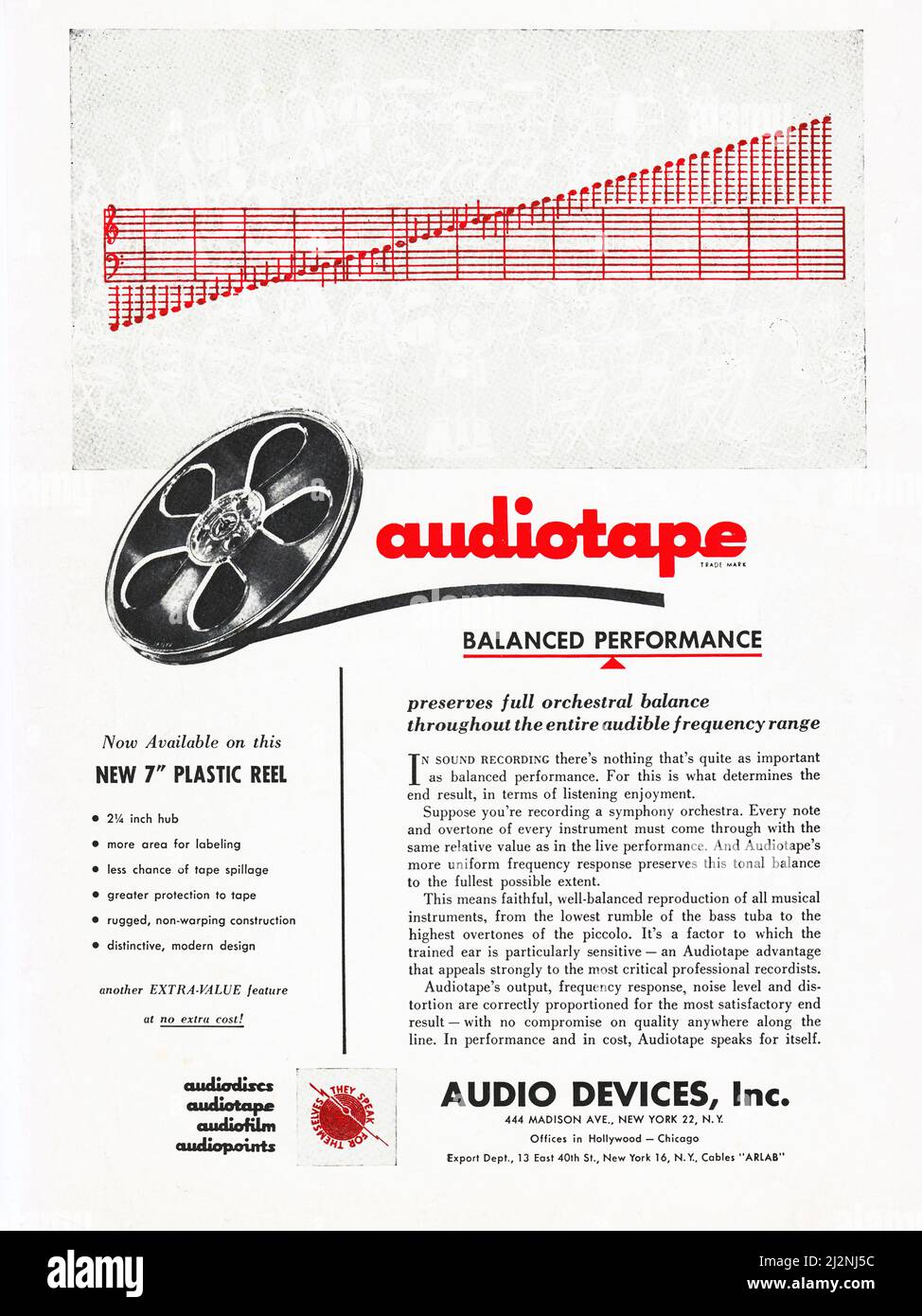 Da una rivista musicale, audiofilo, hi fi del 1954, un annuncio da Audio Devices per la loro performance bilanciata bobina a bobina audio tape.for. Foto Stock
