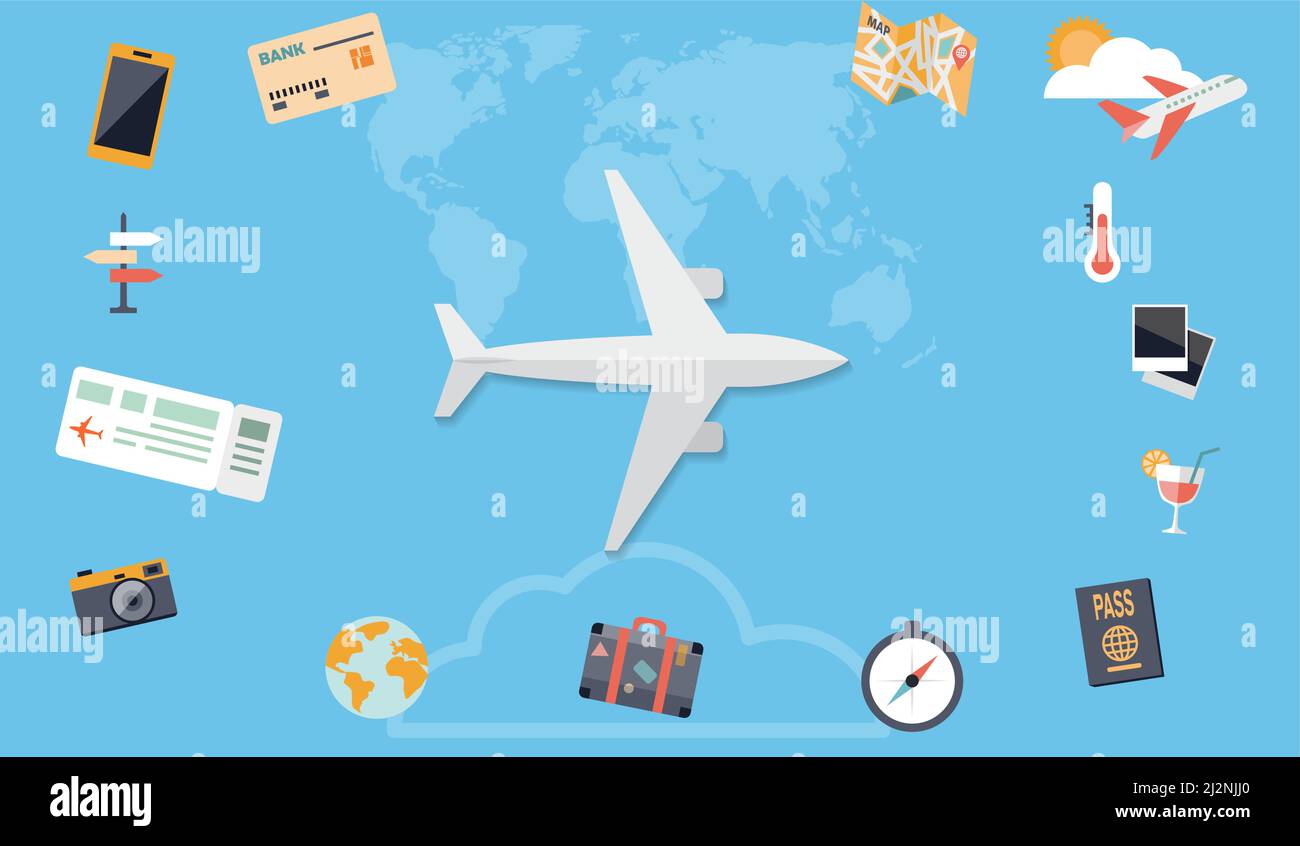 Icone design piatto, sfondo vacanze d'aria. Aereo che vola sopra la mappa della terra. Modello vettoriale Illustrazione Vettoriale