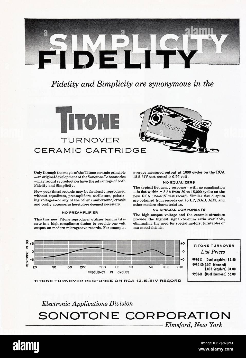 Da una rivista musicale, audiofilo, hi fi del 1954, un annuncio per le cartucce di ceramica Titone per fonografi, Foto Stock