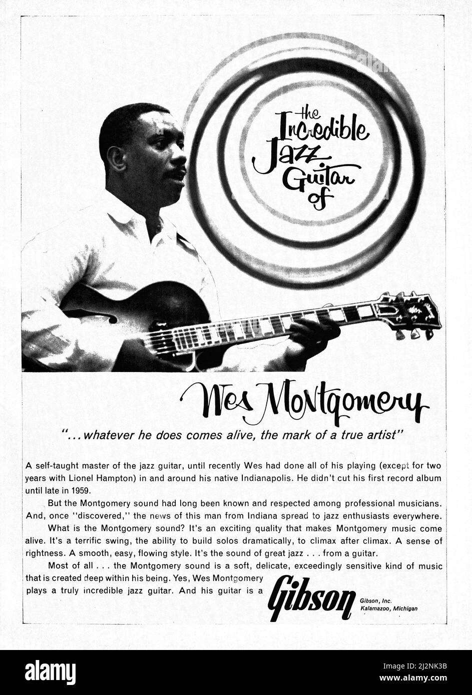 Un annuncio per le chitarre di Gibson con la leggenda del jazz, Wes Montgomery. Da una rivista di musica americana del 1964. Foto Stock