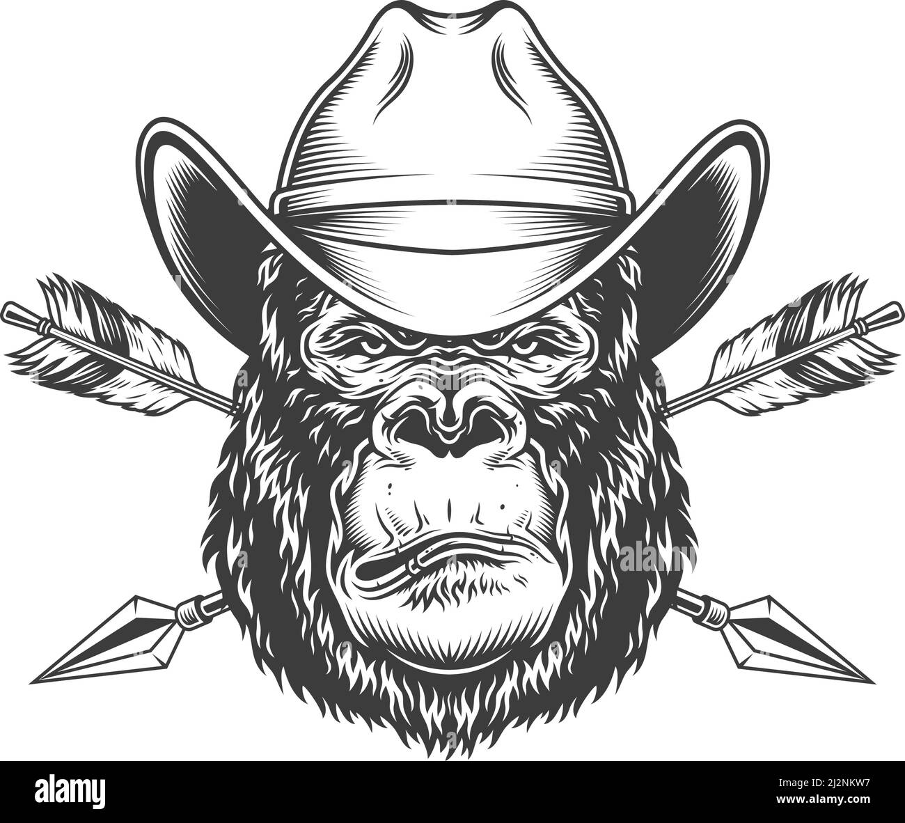 Testa di gorilla seria nel cappello del cowboy con le frecce incrociate dentro illustrazione vettoriale isolata in stile monocromatico vintage Illustrazione Vettoriale