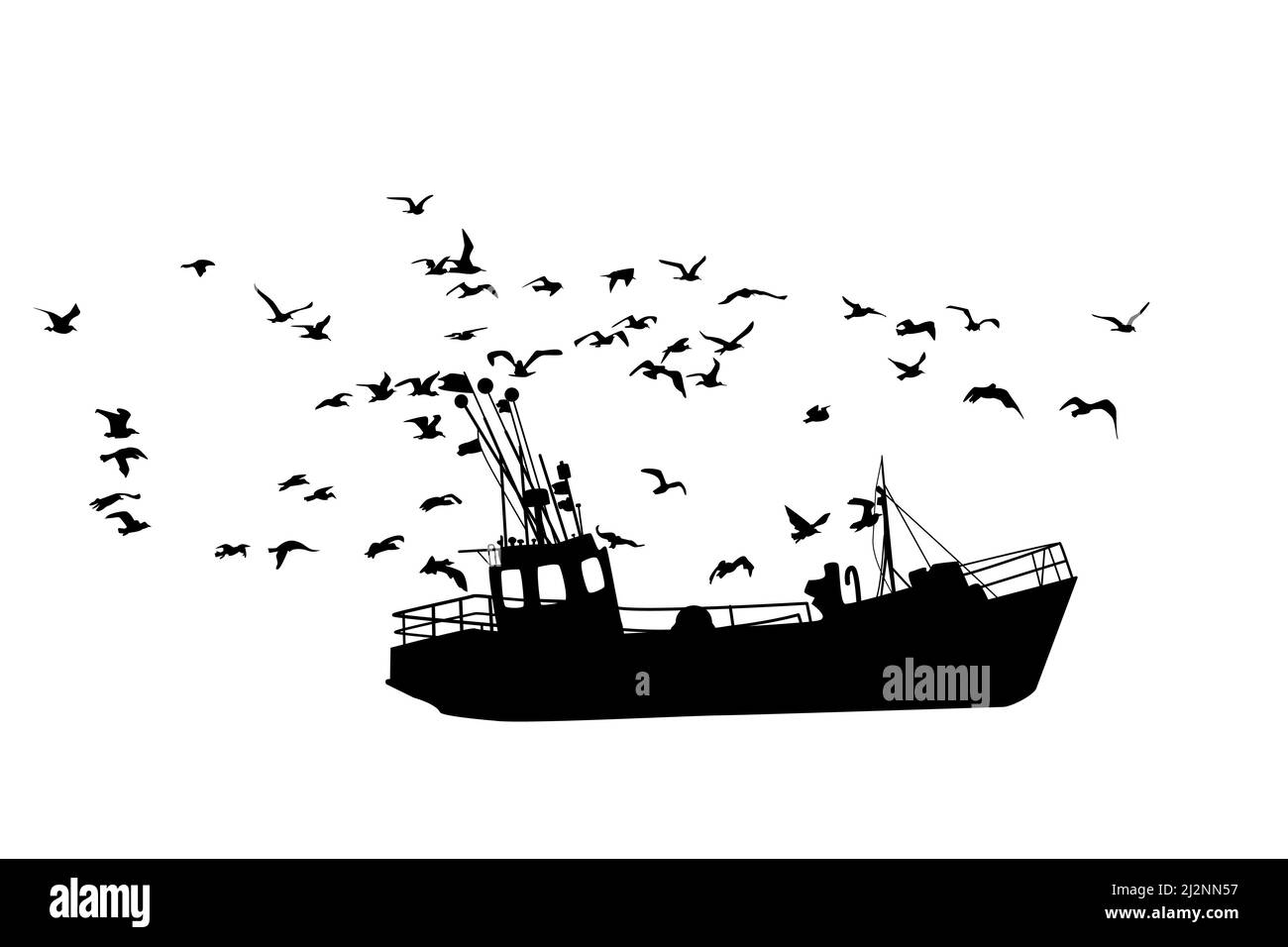 Icona della nave da pesca isolata su sfondo bianco. Barca da pesca con molti gabbiani. Vista laterale della rete da traino commerciale. Produzione industriale di frutti di mare.Vector Illustrazione Vettoriale
