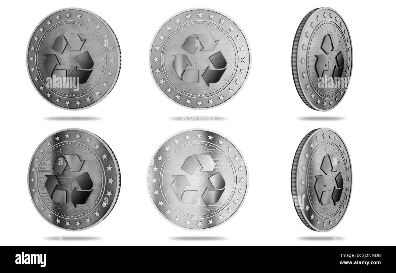 Riciclaggio, ecologia, e-rifiuti e circolazione di denaro monete d'oro isolate su sfondo verde schermo. Illustrazione del concetto astratto 3D. Foto Stock