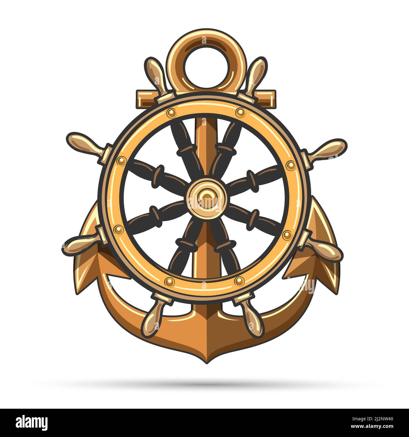 Emblema della ruota della nave e di Anchor isolato su sfondo bianco. Illustrazione vettoriale. Illustrazione Vettoriale