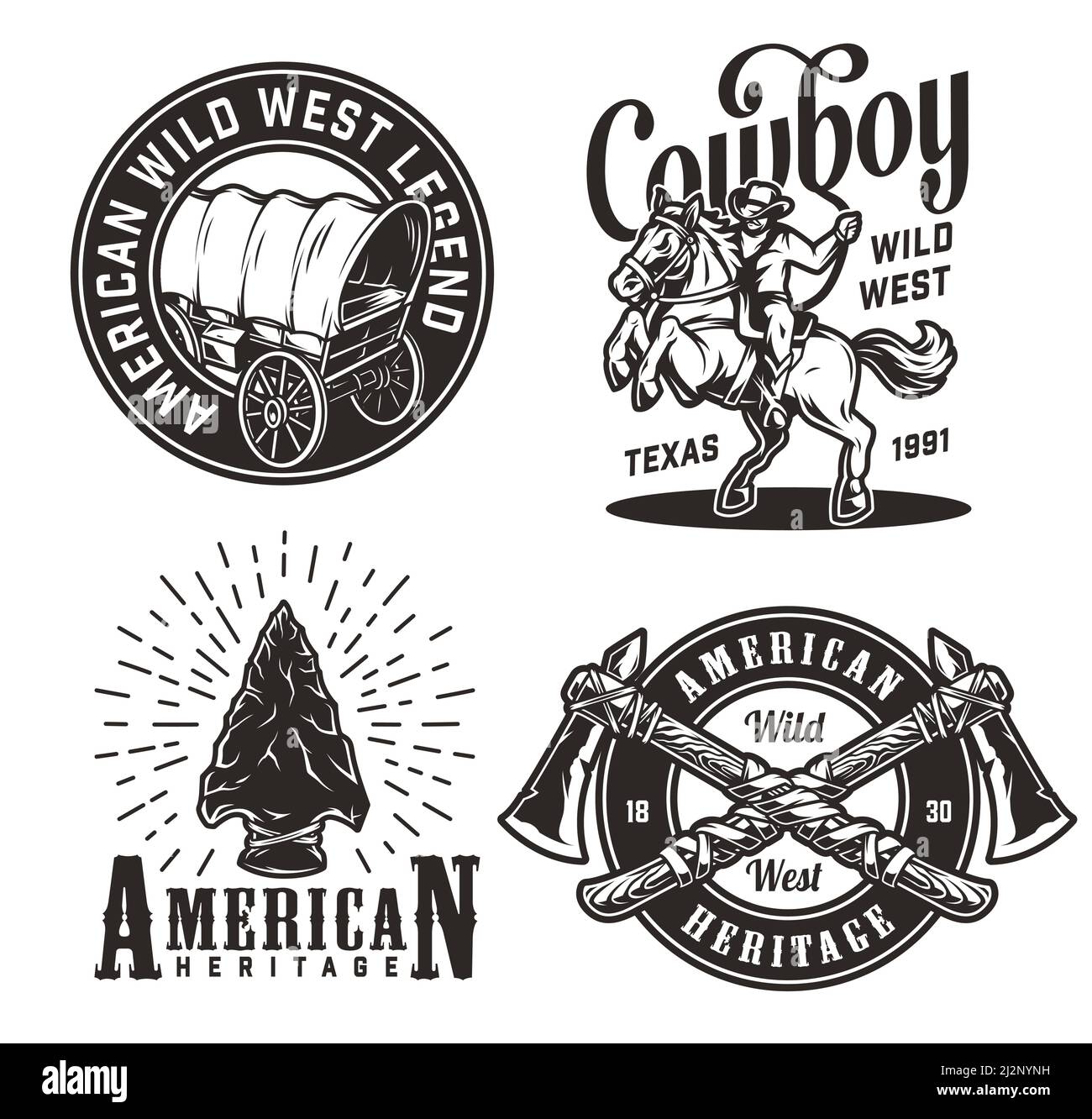 Stampe d'epoca monocromo wild West insieme con cowboy vecchio vagone cavallo cavallo selce freccia incrociato tomahawks isolato vettore illustrazione Illustrazione Vettoriale