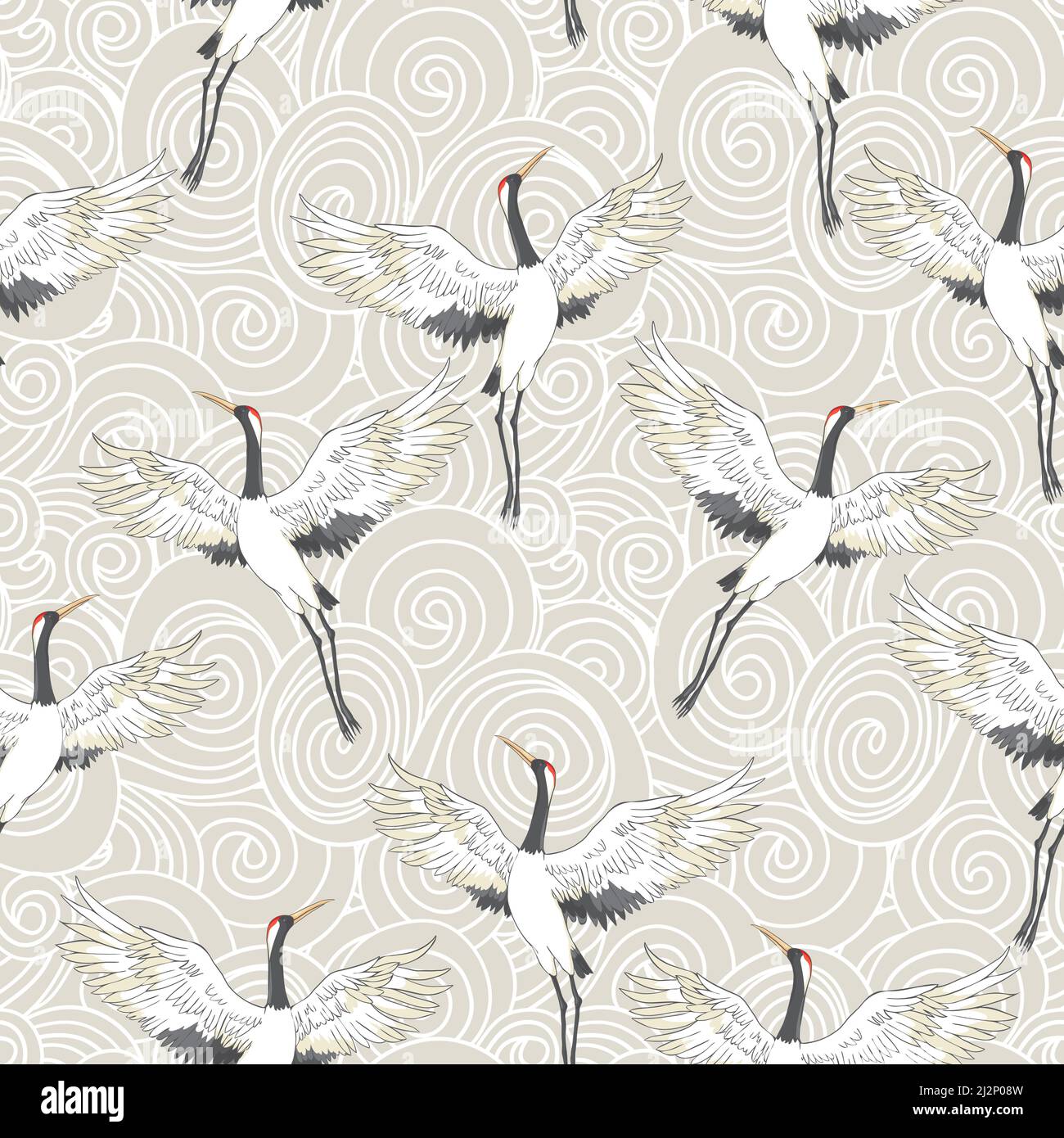 Kimono decorativo con motivi floreali pattern di sfondo con gru e fiori illustrazione vettoriale Illustrazione Vettoriale