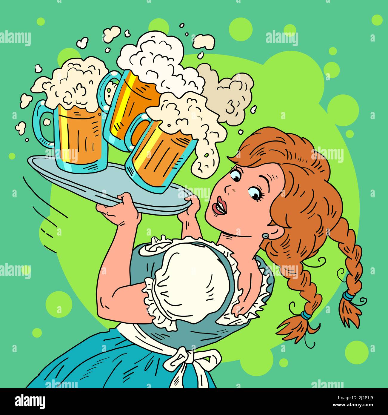 La ragazza fa cadere la birra, una cameriera con una birra, in abiti nazionali. Oktoberfest festival, ristorante pub taverna Illustrazione Vettoriale