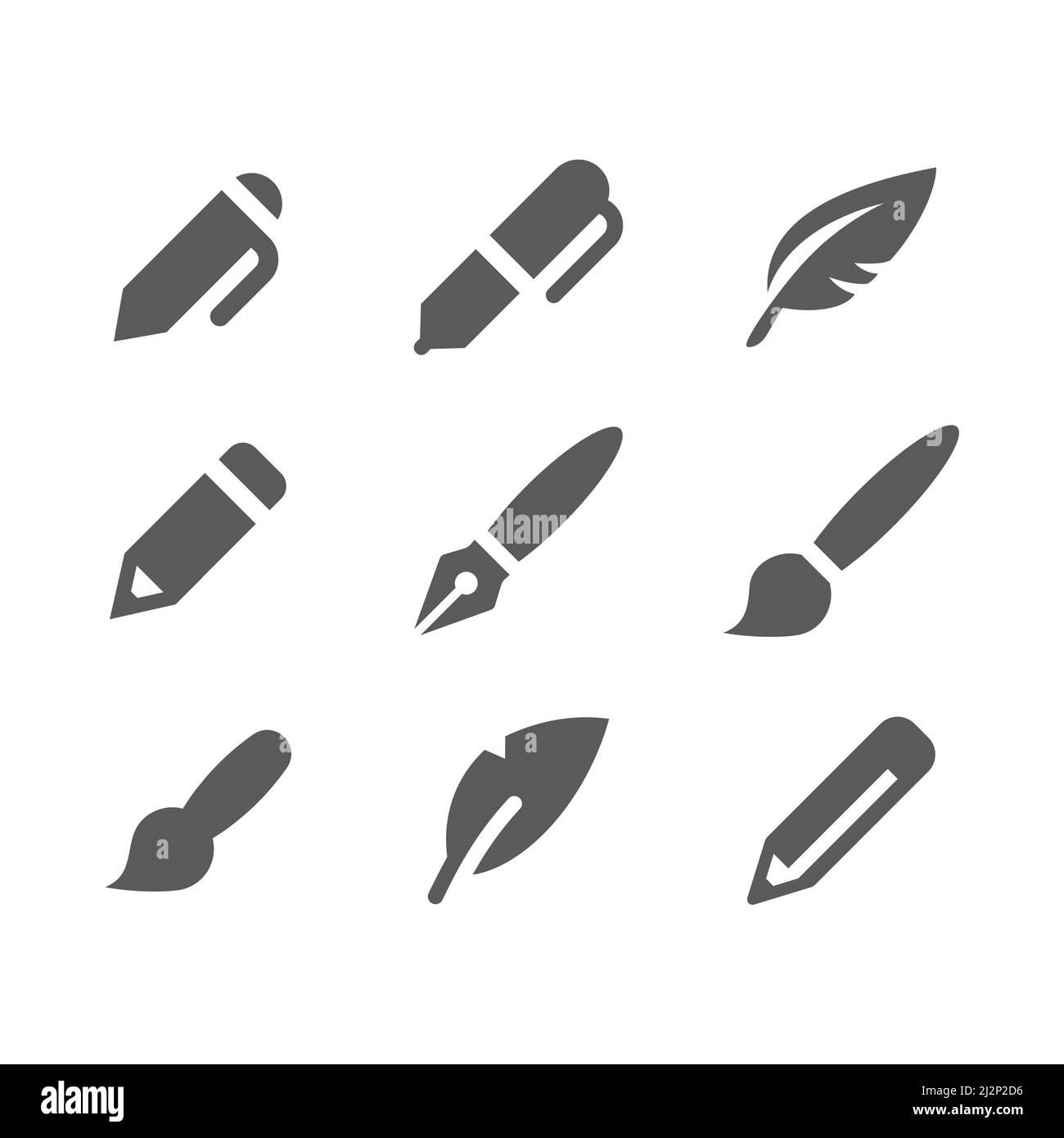 Penna, matita nera, set di icone vettoriali. Simboli pieni di ciak e pennello. Illustrazione Vettoriale