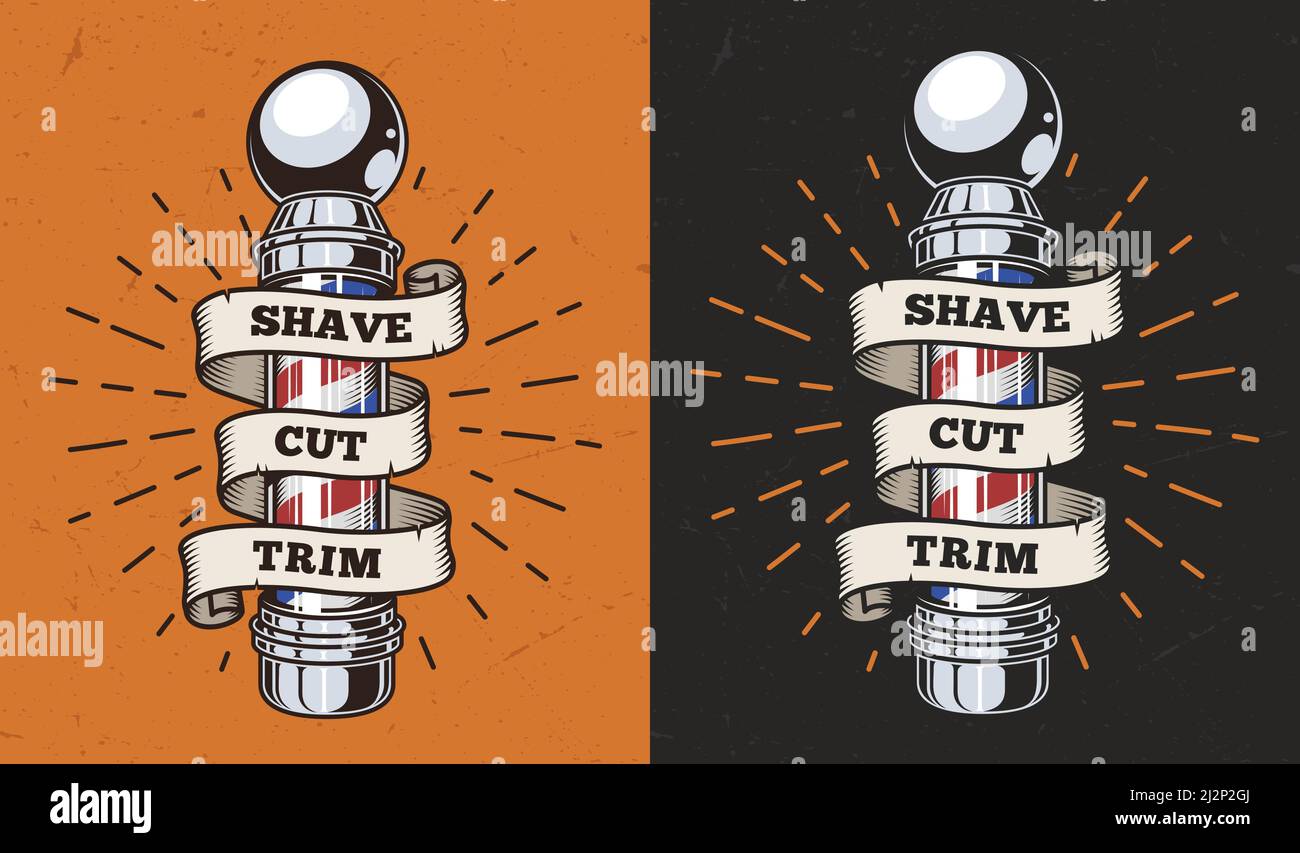 Barbershop d'epoca etichetta colorata con asta barbiere a righe e nastro intorno ad esso isolato illustrazione vettoriale Illustrazione Vettoriale