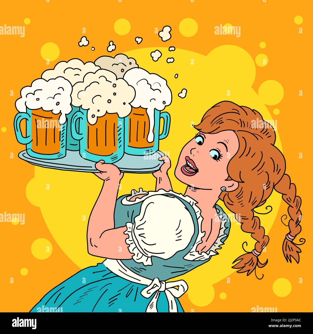 una cameriera con una birra, in abiti nazionali. Oktoberfest festival, ristorante pub taverna Illustrazione Vettoriale