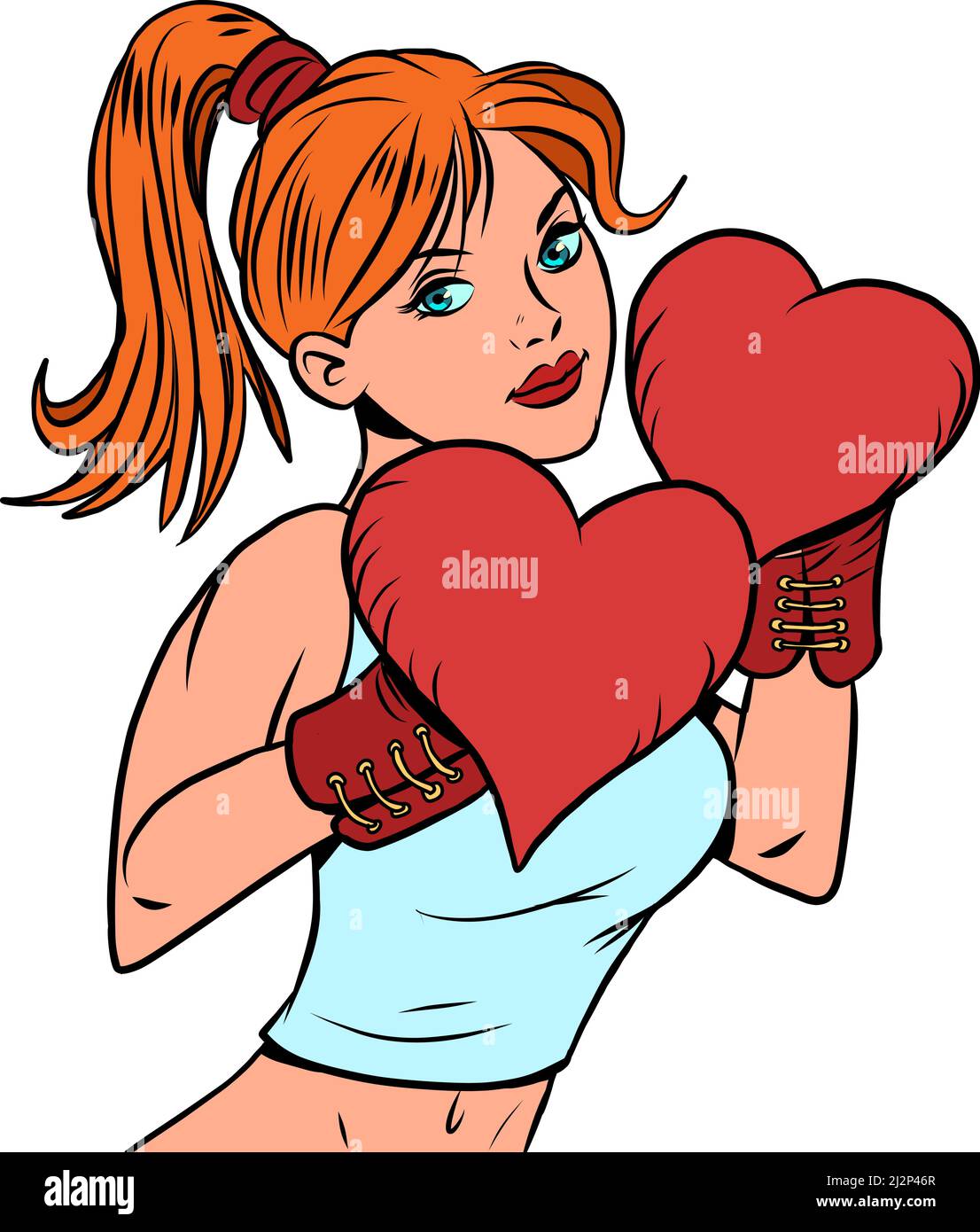 Una bella donna boxer valentines giorno guanti di cuore, forti emozioni sentimenti Illustrazione Vettoriale