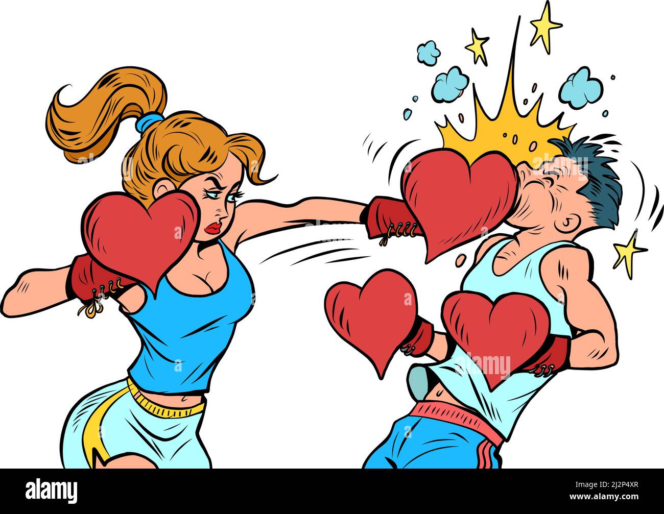 Una donna batte un uomo. Guanti di cuore di giorno del boxer femminile di San Valentino, forti emozioni sentimenti Illustrazione Vettoriale