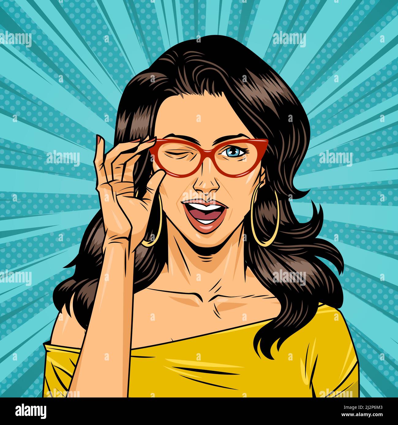 Comic winking attraente donna con vetri rossi e capelli neri su sfondo turchese radiale illustrazione vettoriale Illustrazione Vettoriale