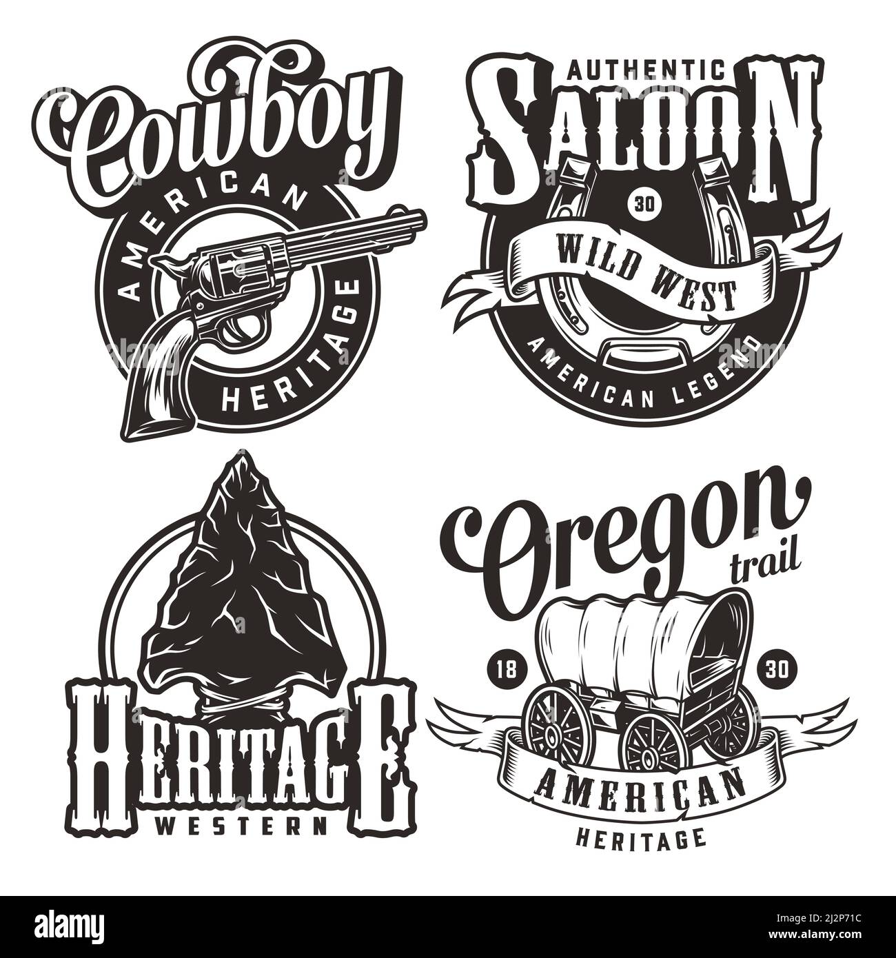 Stampe d'epoca del selvaggio West con punta di freccia a ferro di cavallo revolver vecchio carro in stile monocromatico isolato vettore illustrazione Illustrazione Vettoriale