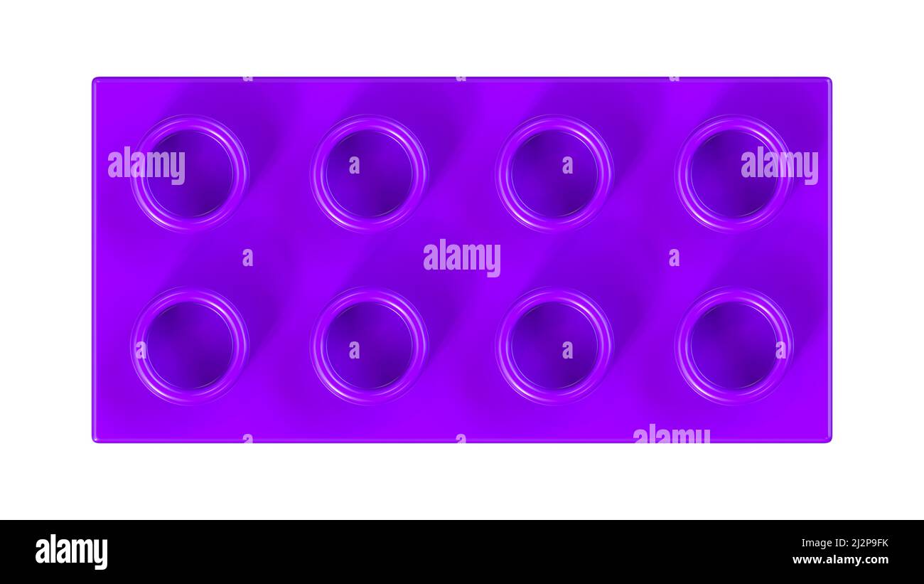 8K Ultra HD Vista dall'alto di un mattone in plastica viola per giocattoli Lego isolato su sfondo bianco. Edificio per bambini. Rendering 3D di alta qualità con percorso di lavoro, 7680x4320 Foto Stock