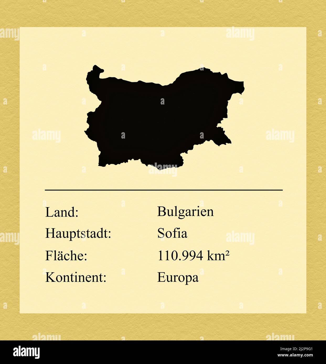 Umrisse des Landes Bulgarien, darunter ein kleiner Steckbrief mit Ländernamen, Hauptstadt, Fläche und Kontinent Foto Stock