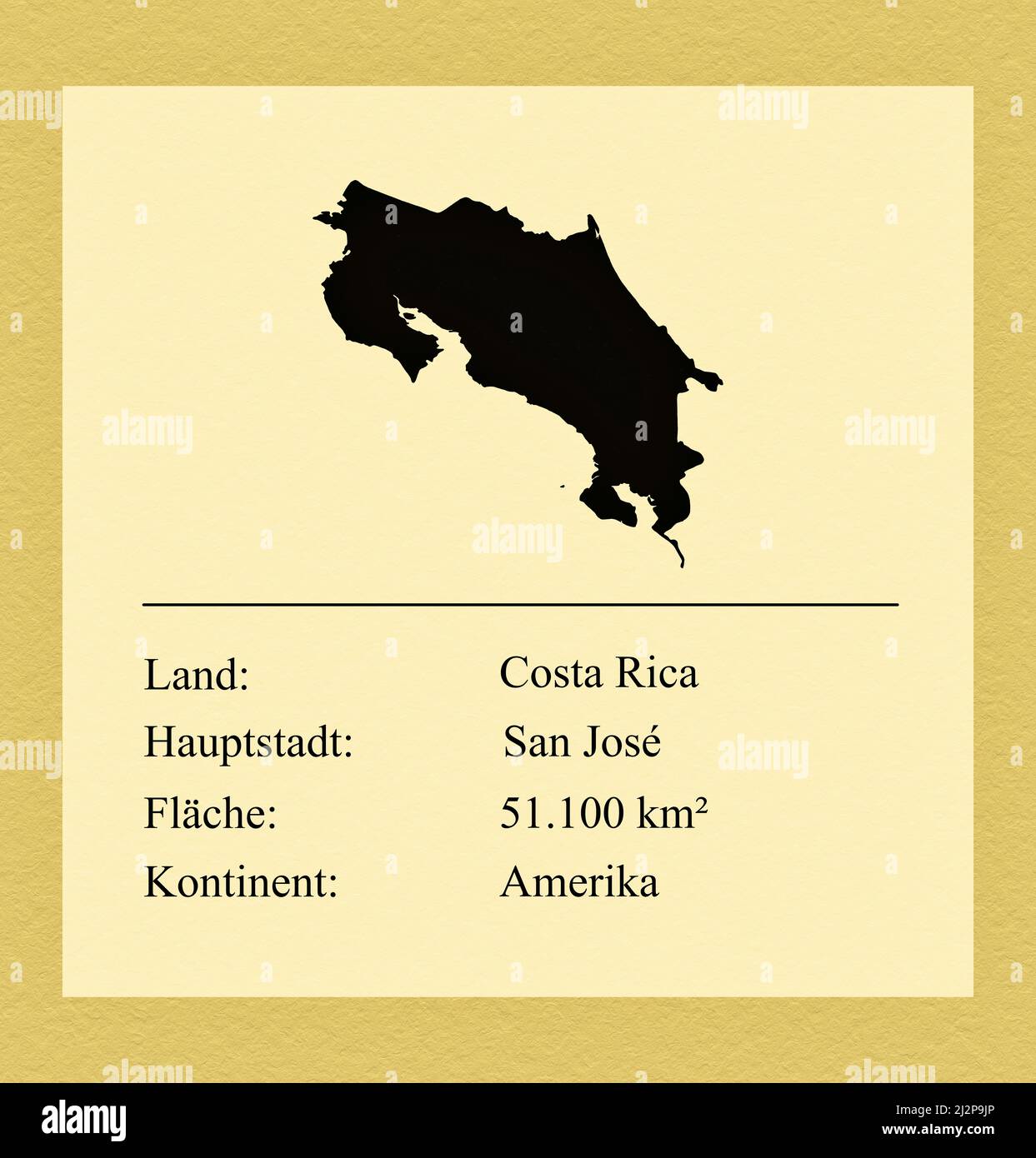Umrisse des Landes Costa Rica, darunter ein kleiner Steckbrief mit Ländernamen, Hauptstadt, Fläche und Kontinent Foto Stock