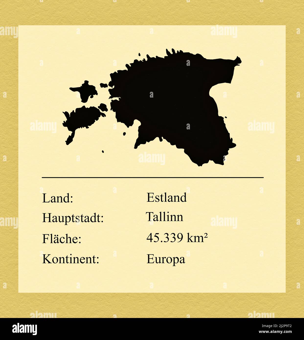 Umrisse des Landes Estland, darunter ein kleiner Steckbrief mit Ländernamen, Hauptstadt, Fläche und Kontinent Foto Stock