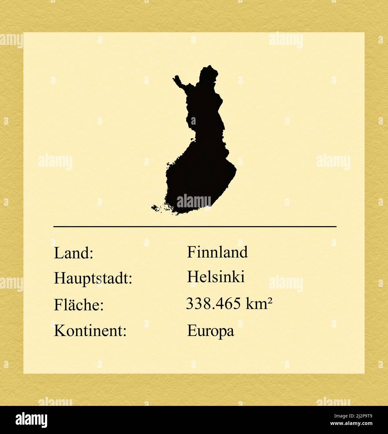 Umrisse des Landes Finnland, darunter ein kleiner Steckbrief mit Ländernamen, Hauptstadt, Fläche und Kontinent Foto Stock