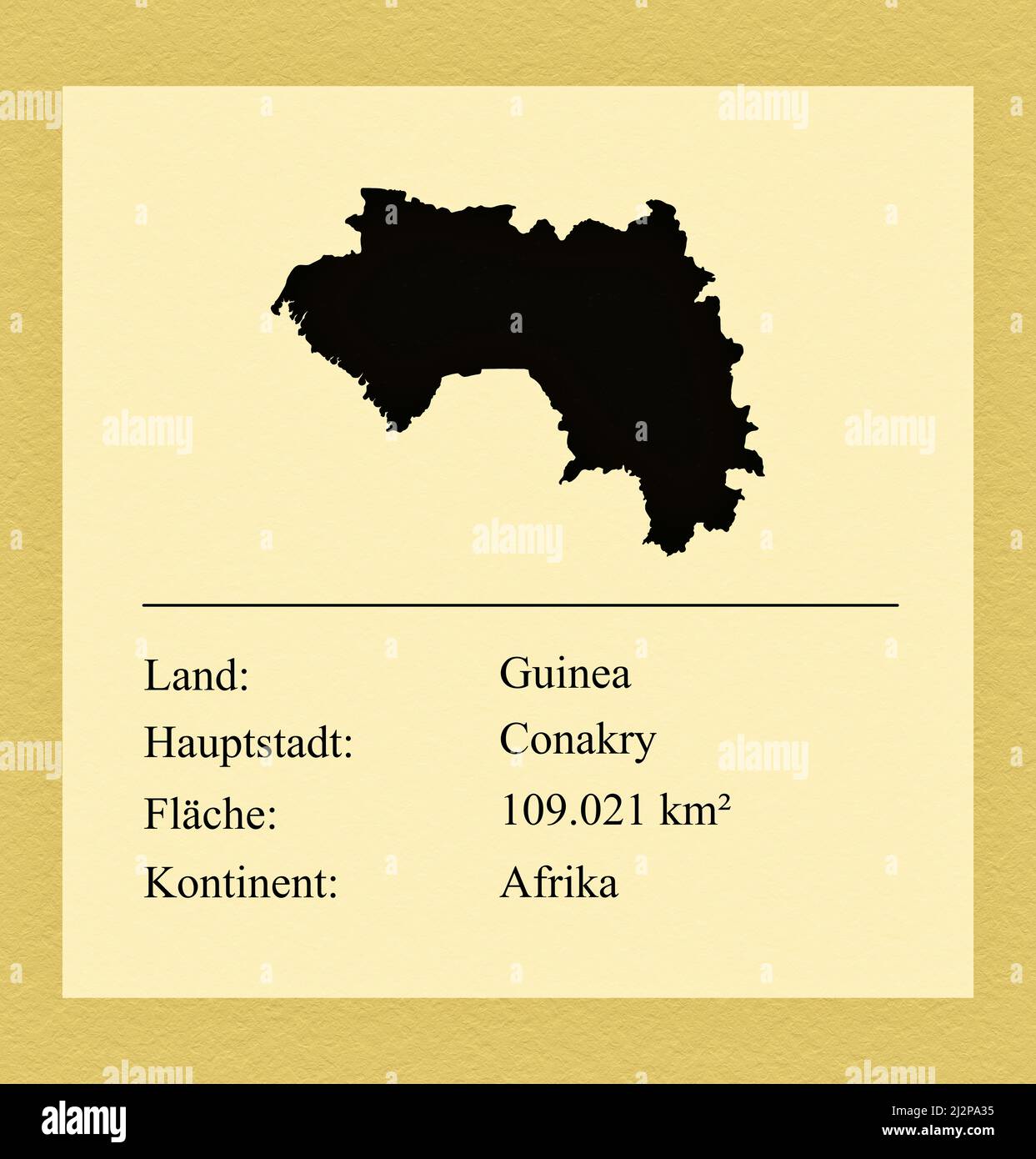 Umrisse des Landes Guinea, darunter ein kleiner Steckbrief mit Ländernamen, Hauptstadt, Fläche und Kontinent Foto Stock