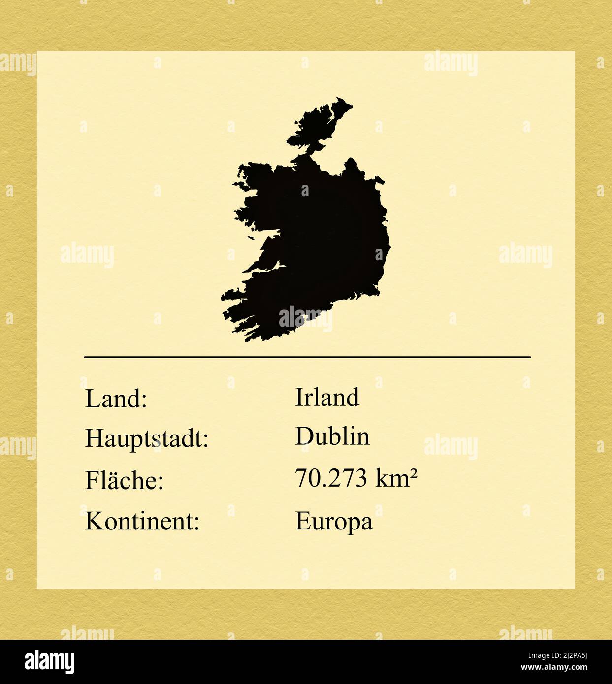 Umrisse des Landes Irland, darunter ein kleiner Steckbrief mit Ländernamen, Hauptstadt, Fläche und Kontinent Foto Stock