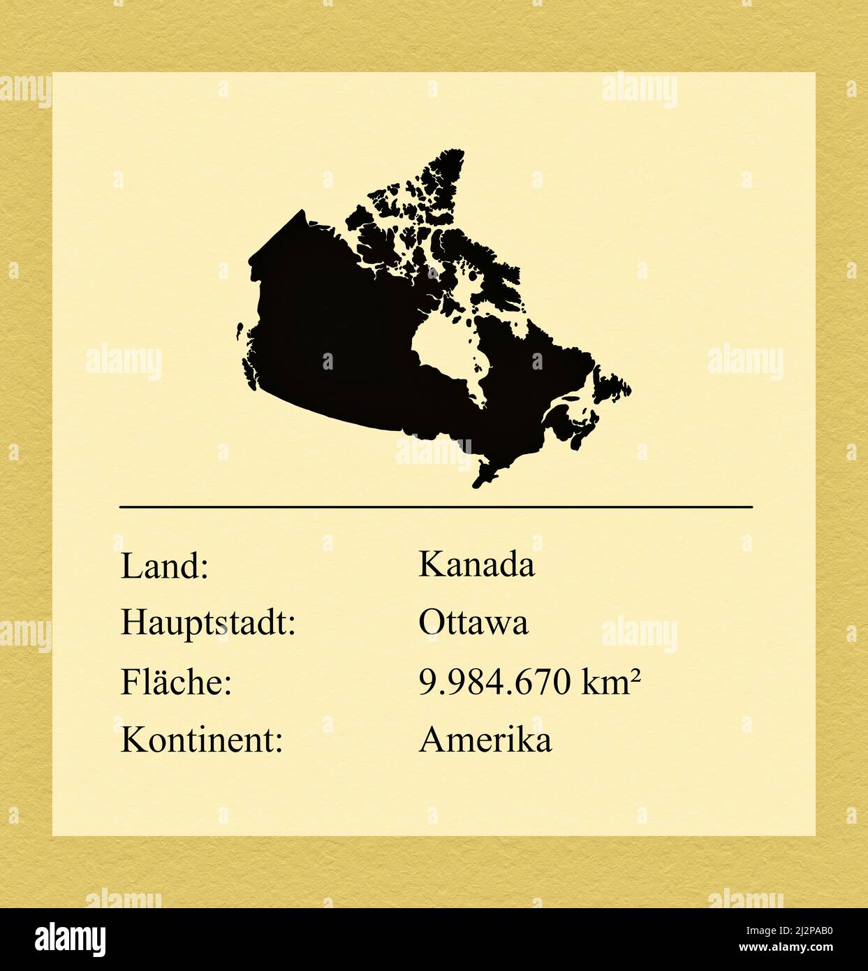 Umrisse des Landes Kanada, darunter ein kleiner Steckbrief mit Ländernamen, Hauptstadt, Fläche und Kontinent Foto Stock