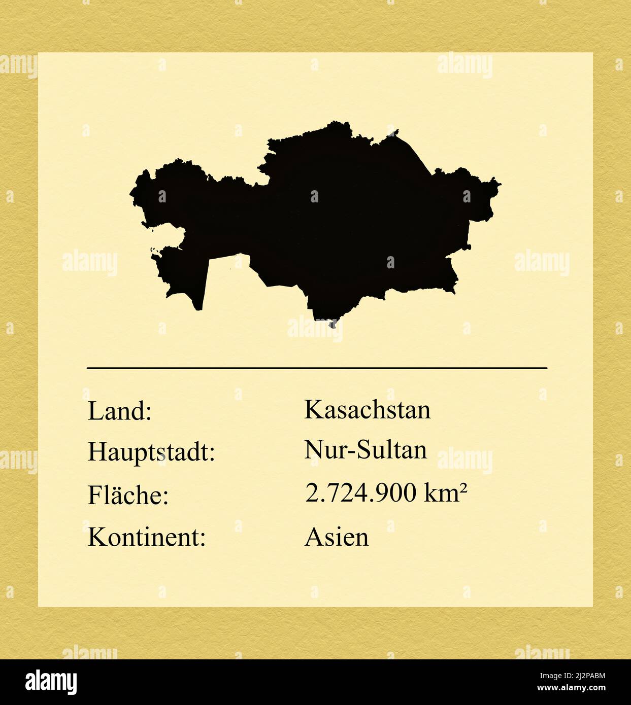 Umrisse des Landes Kasachstan, darunter ein kleiner Steckbrief mit Ländernamen, Hauptstadt, Fläche und Kontinent Foto Stock